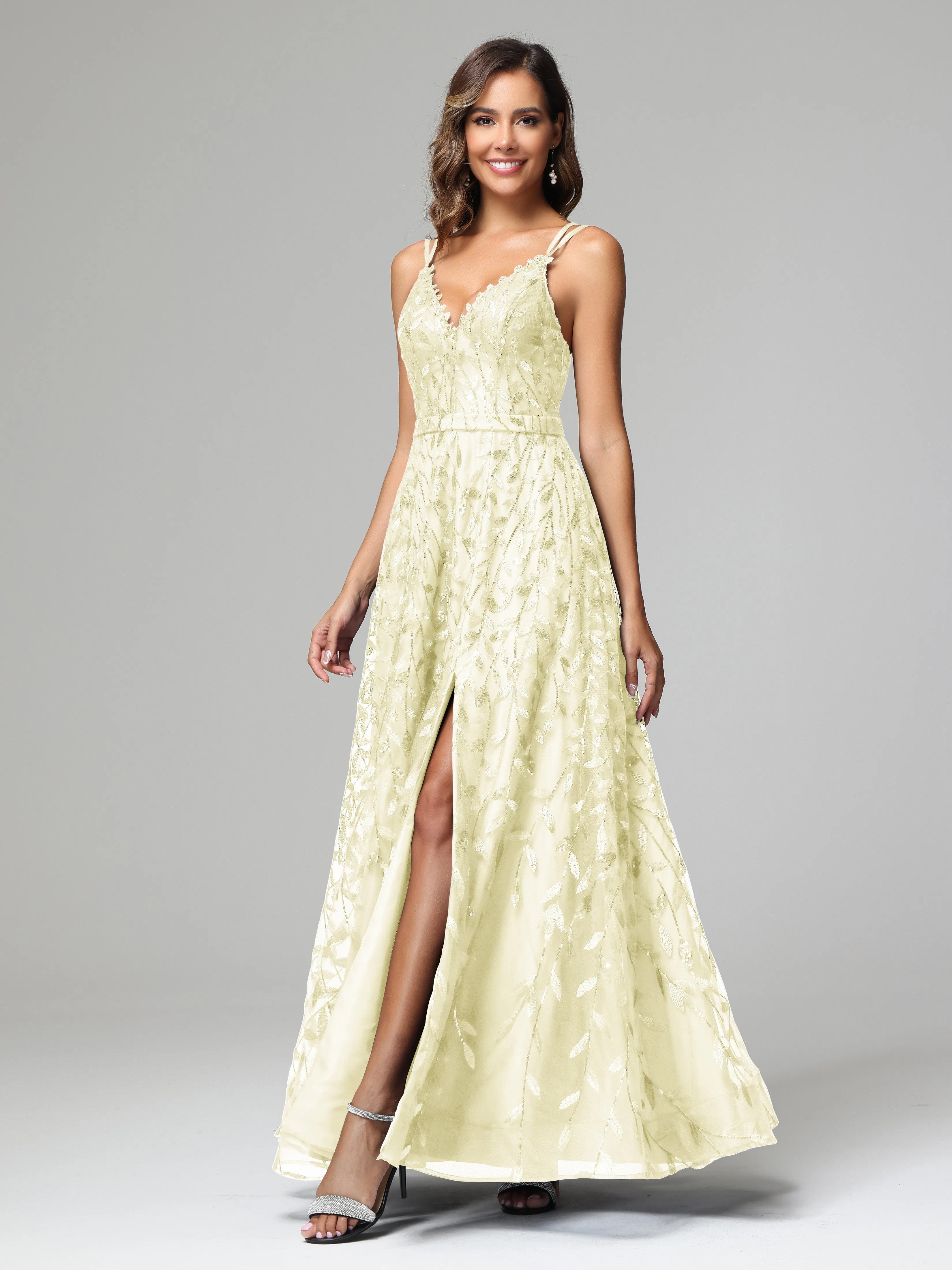 A-line Dark Navy Spaghetti Straps V-neck Lace Prom Dresses
