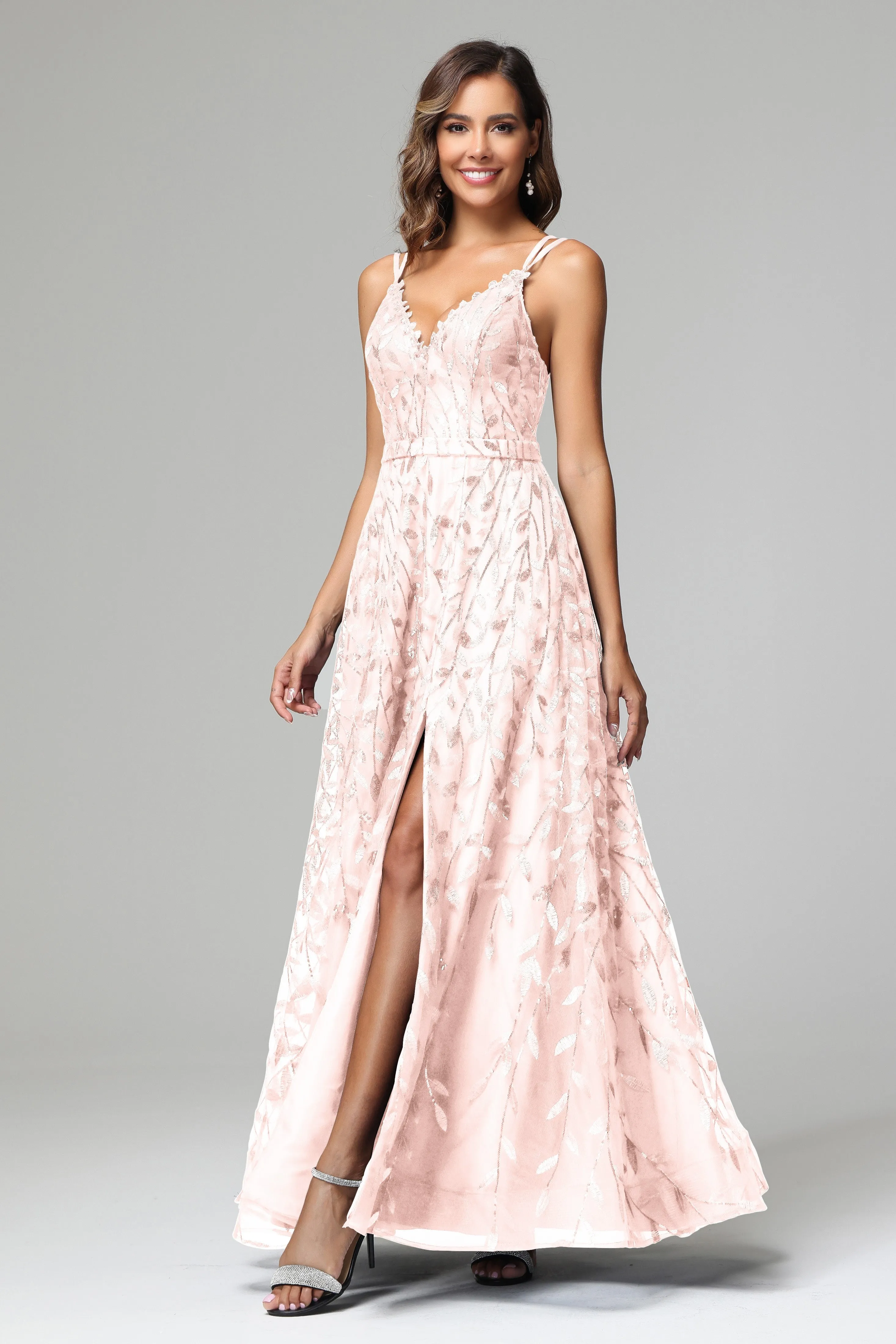 A-line Dark Navy Spaghetti Straps V-neck Lace Prom Dresses