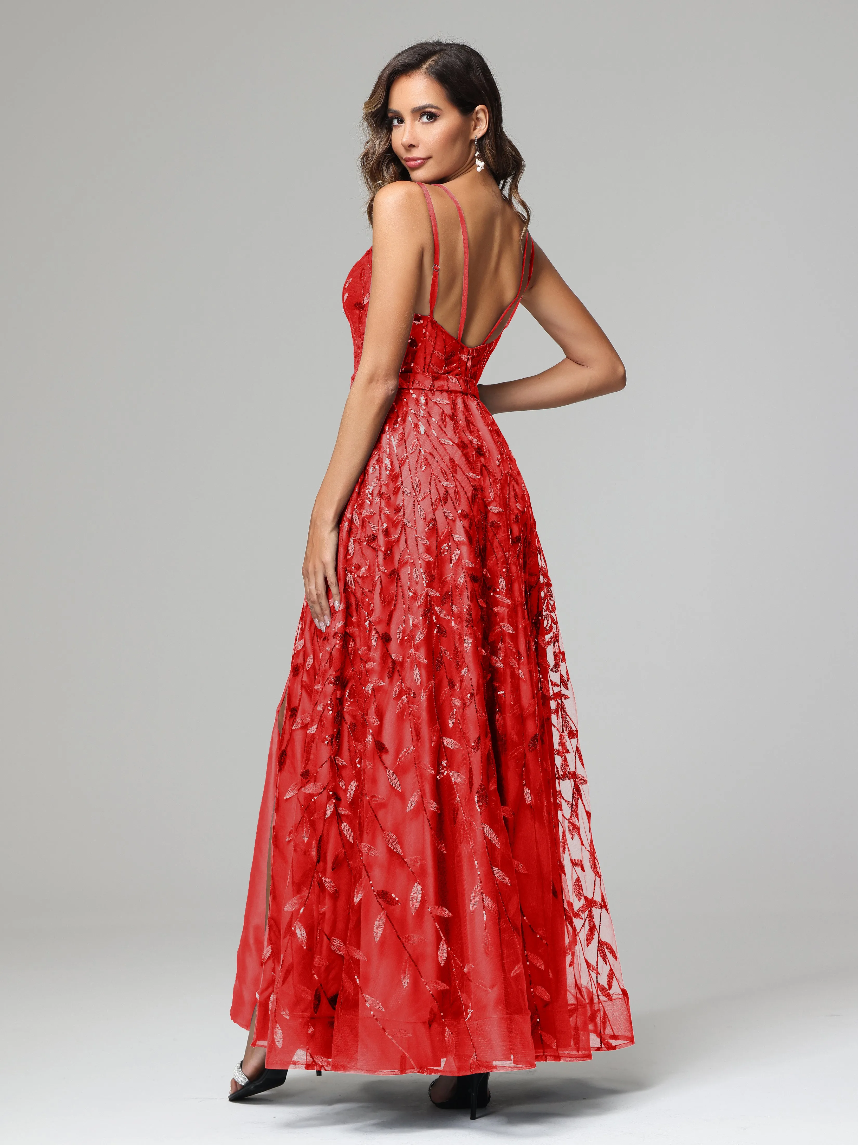 A-line Dark Navy Spaghetti Straps V-neck Lace Prom Dresses