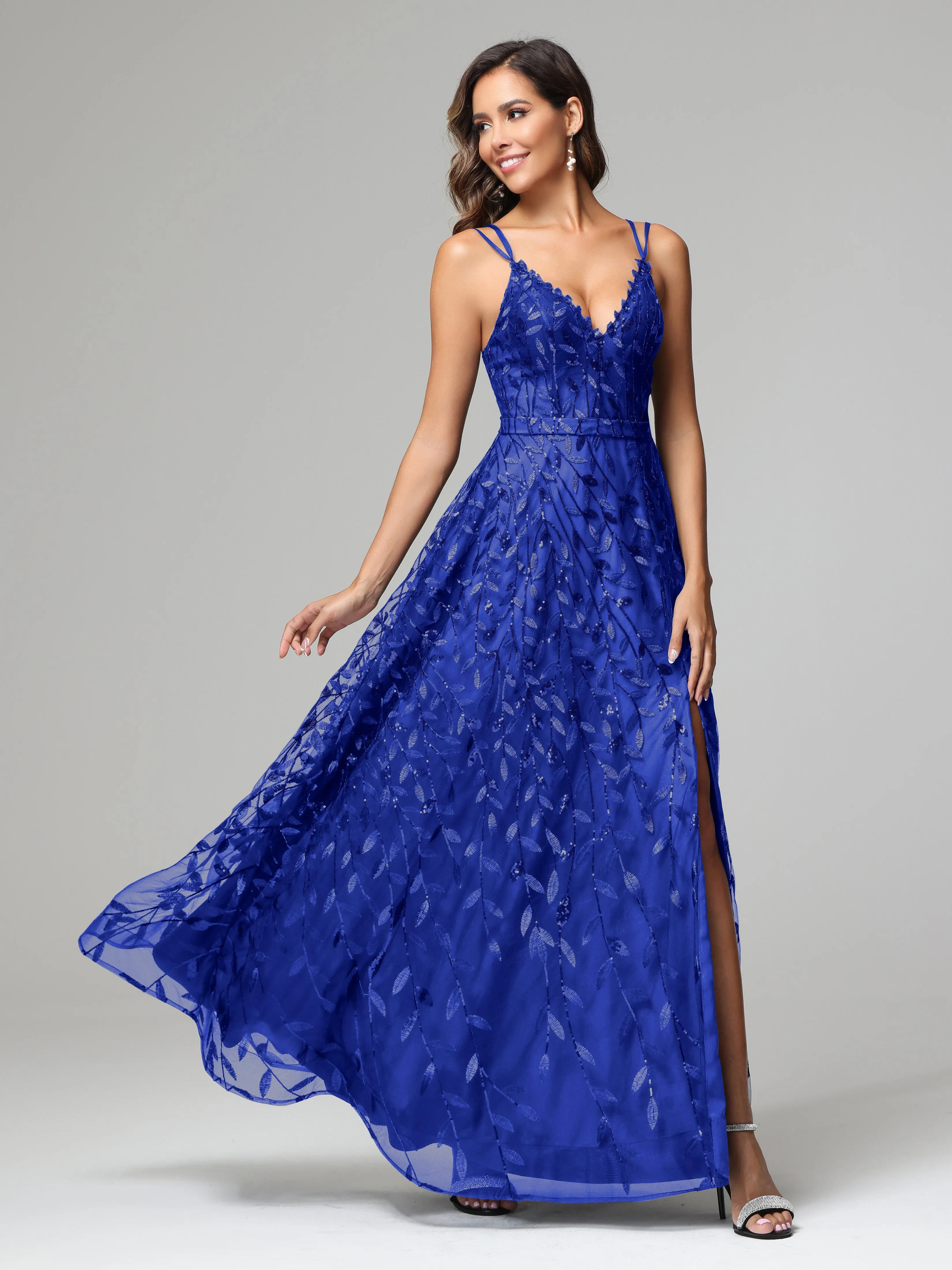 A-line Dark Navy Spaghetti Straps V-neck Lace Prom Dresses