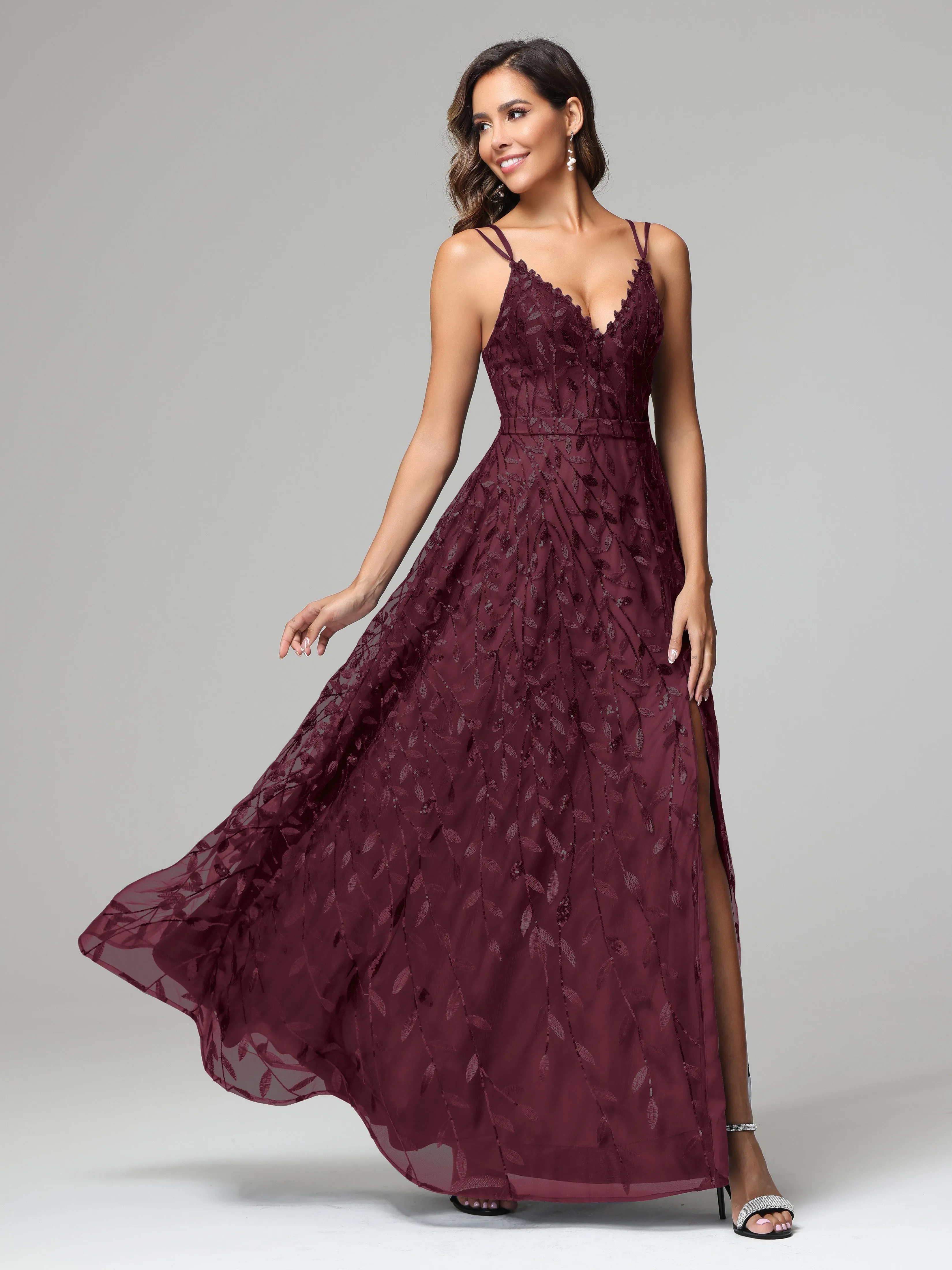 A-line Dark Navy Spaghetti Straps V-neck Lace Prom Dresses