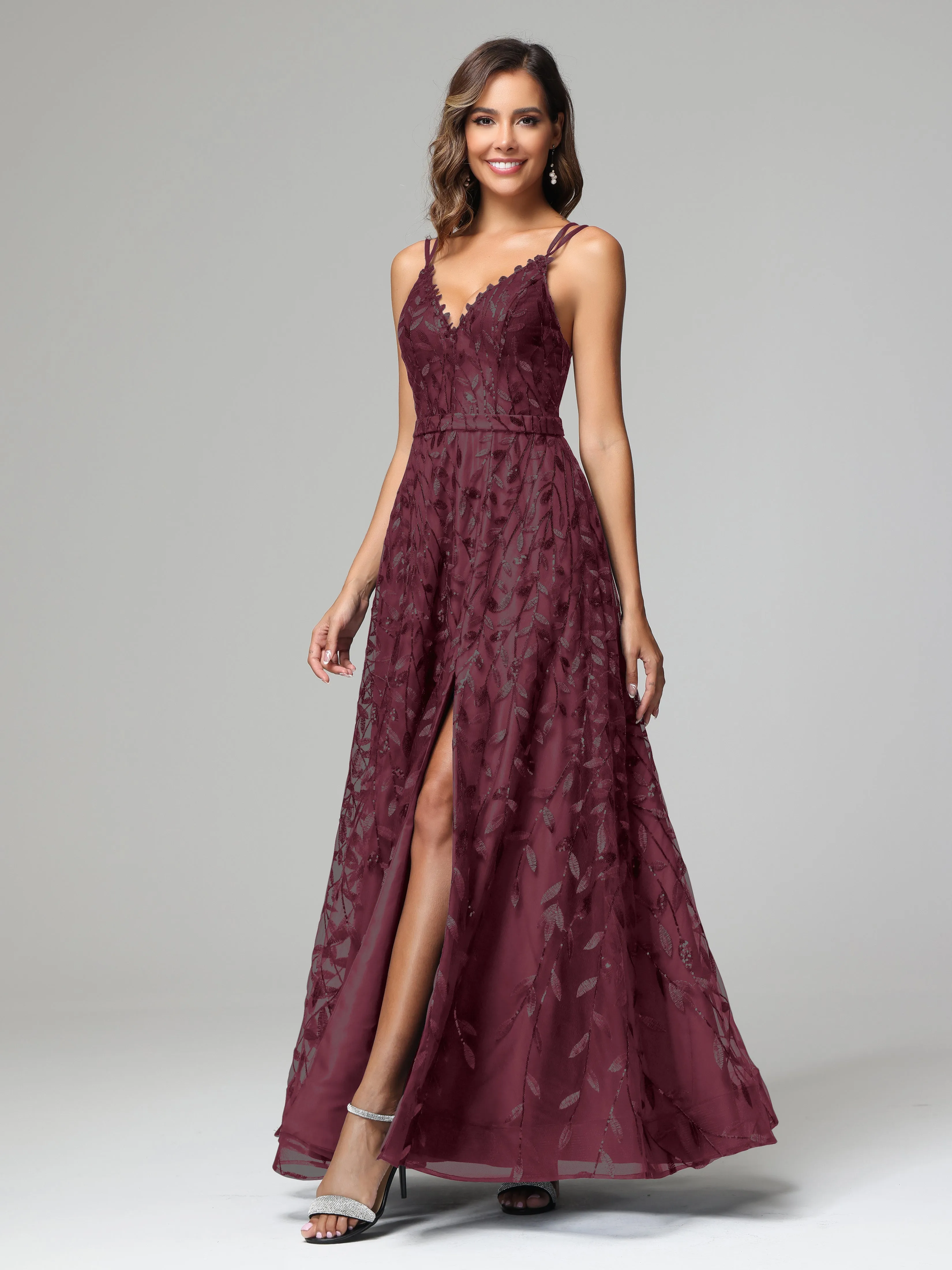 A-line Dark Navy Spaghetti Straps V-neck Lace Prom Dresses