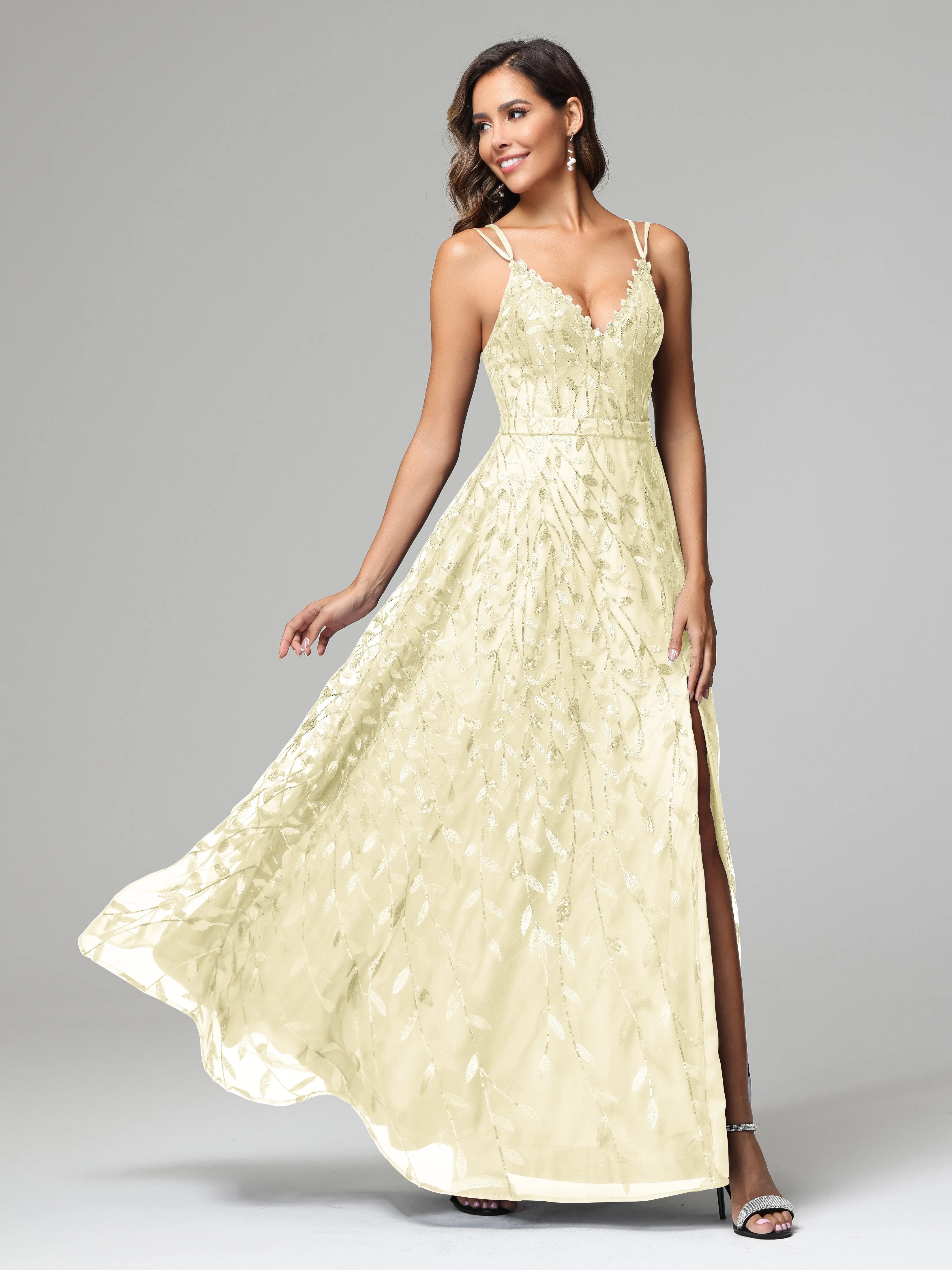 A-line Dark Navy Spaghetti Straps V-neck Lace Prom Dresses