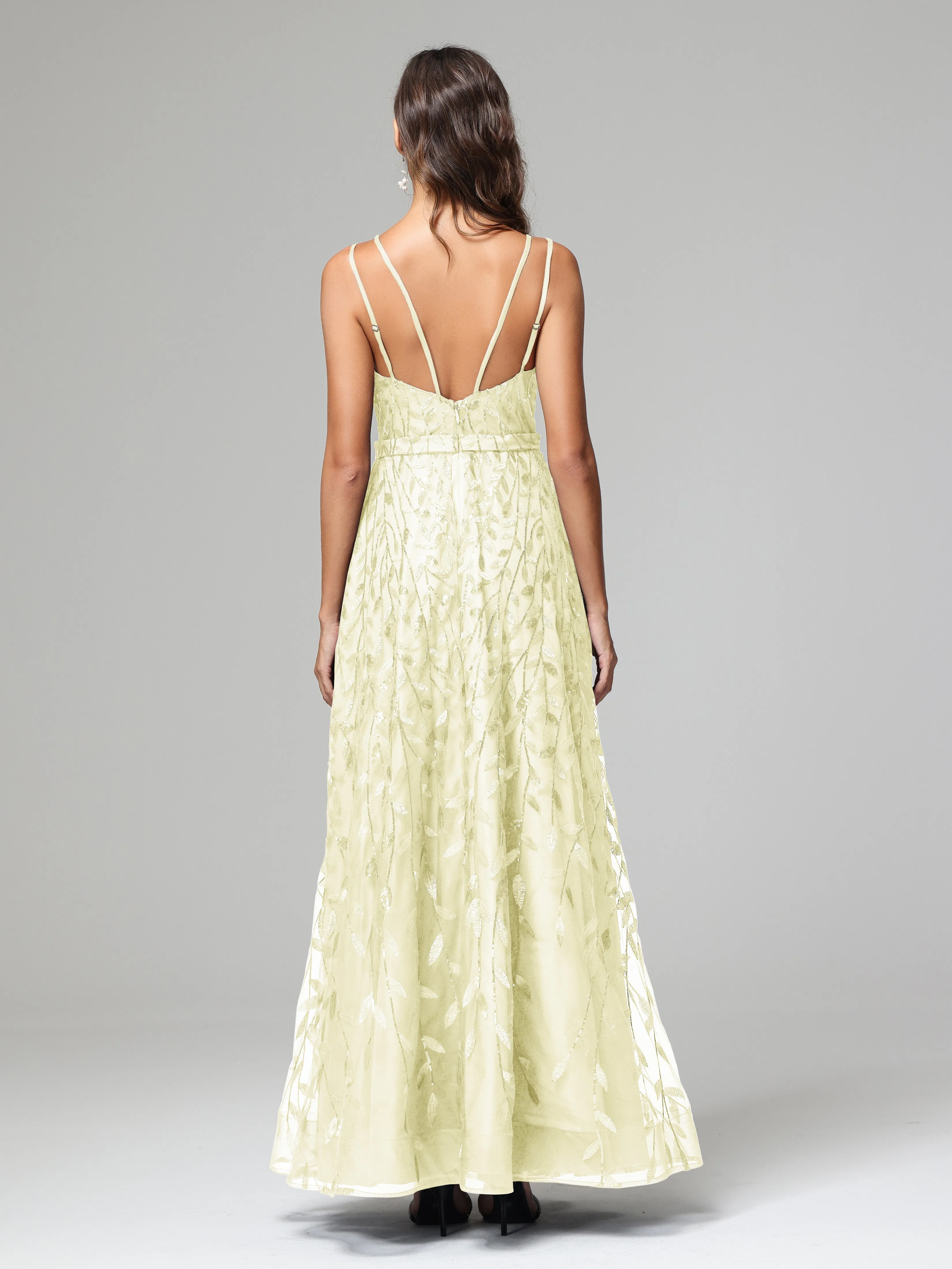 A-line Dark Navy Spaghetti Straps V-neck Lace Prom Dresses