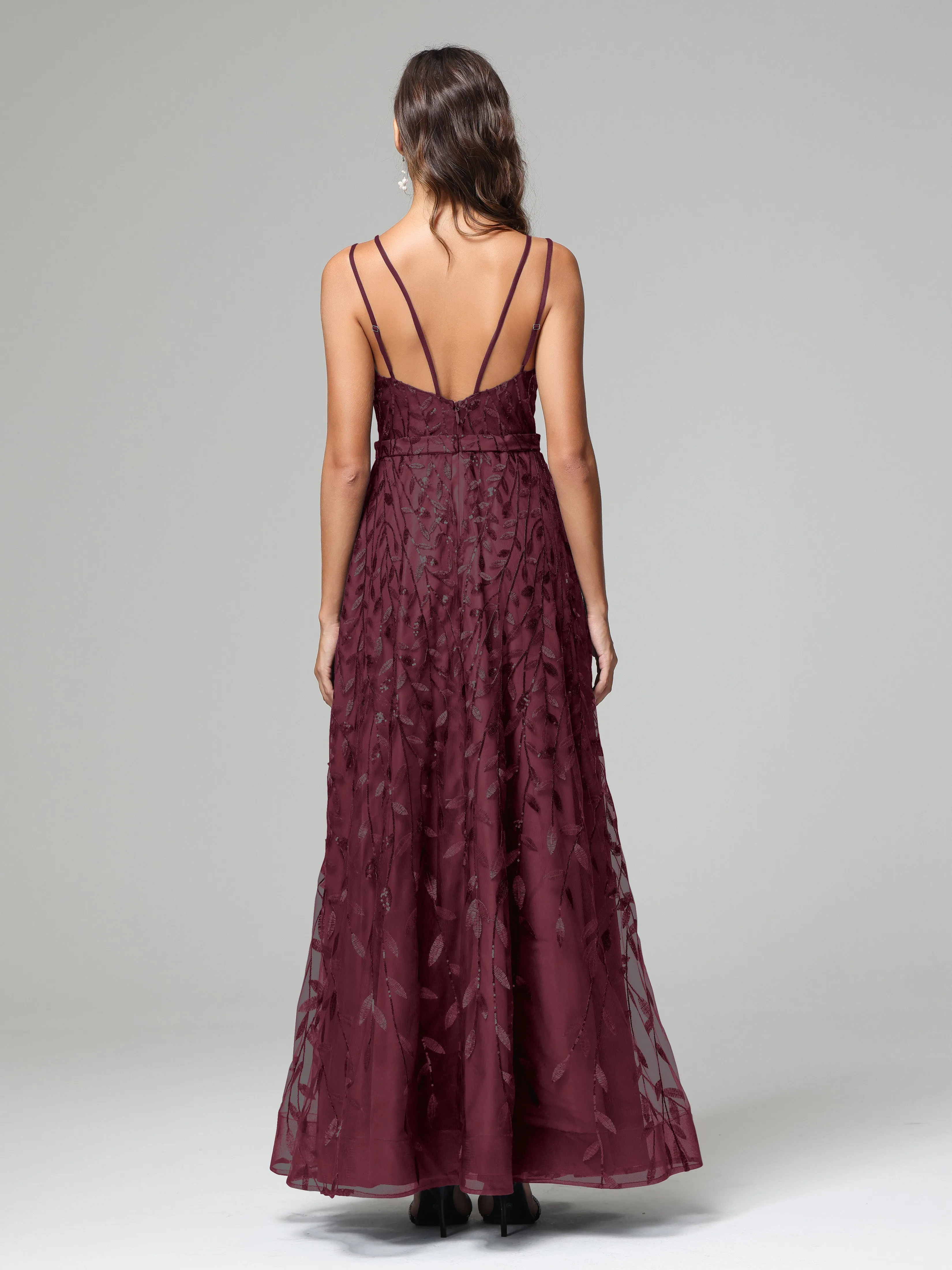 A-line Dark Navy Spaghetti Straps V-neck Lace Prom Dresses
