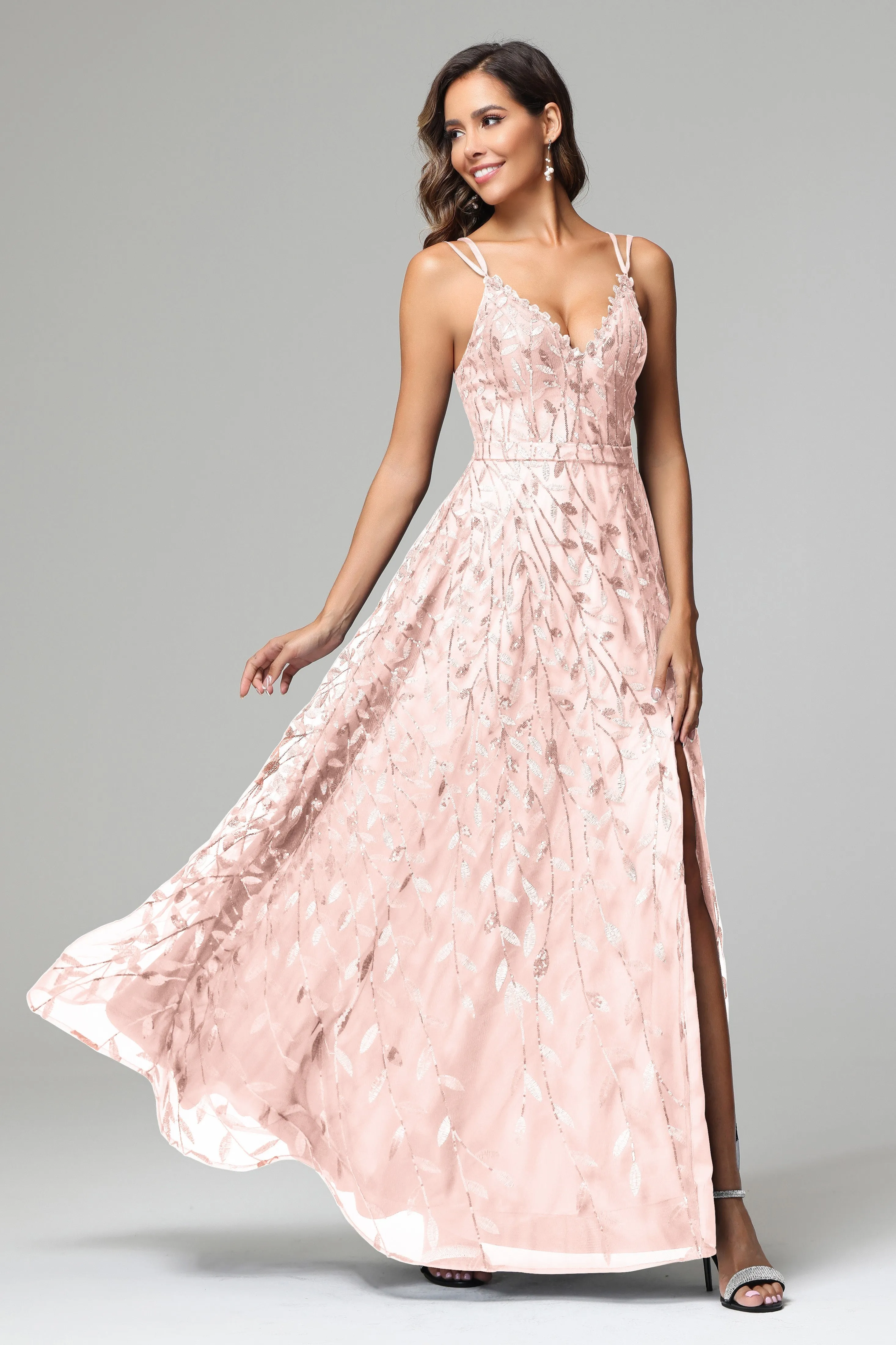 A-line Dark Navy Spaghetti Straps V-neck Lace Prom Dresses