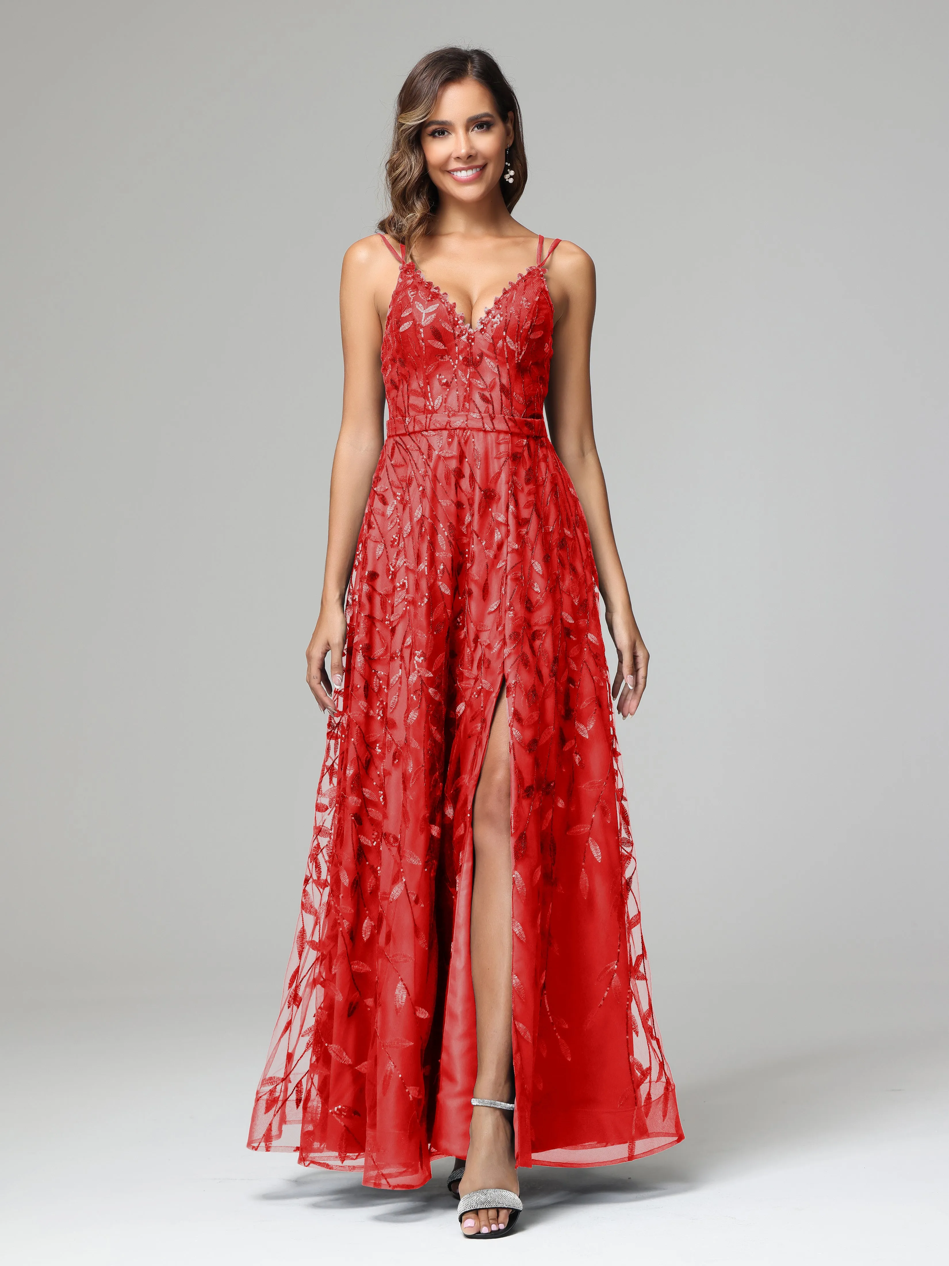 A-line Dark Navy Spaghetti Straps V-neck Lace Prom Dresses