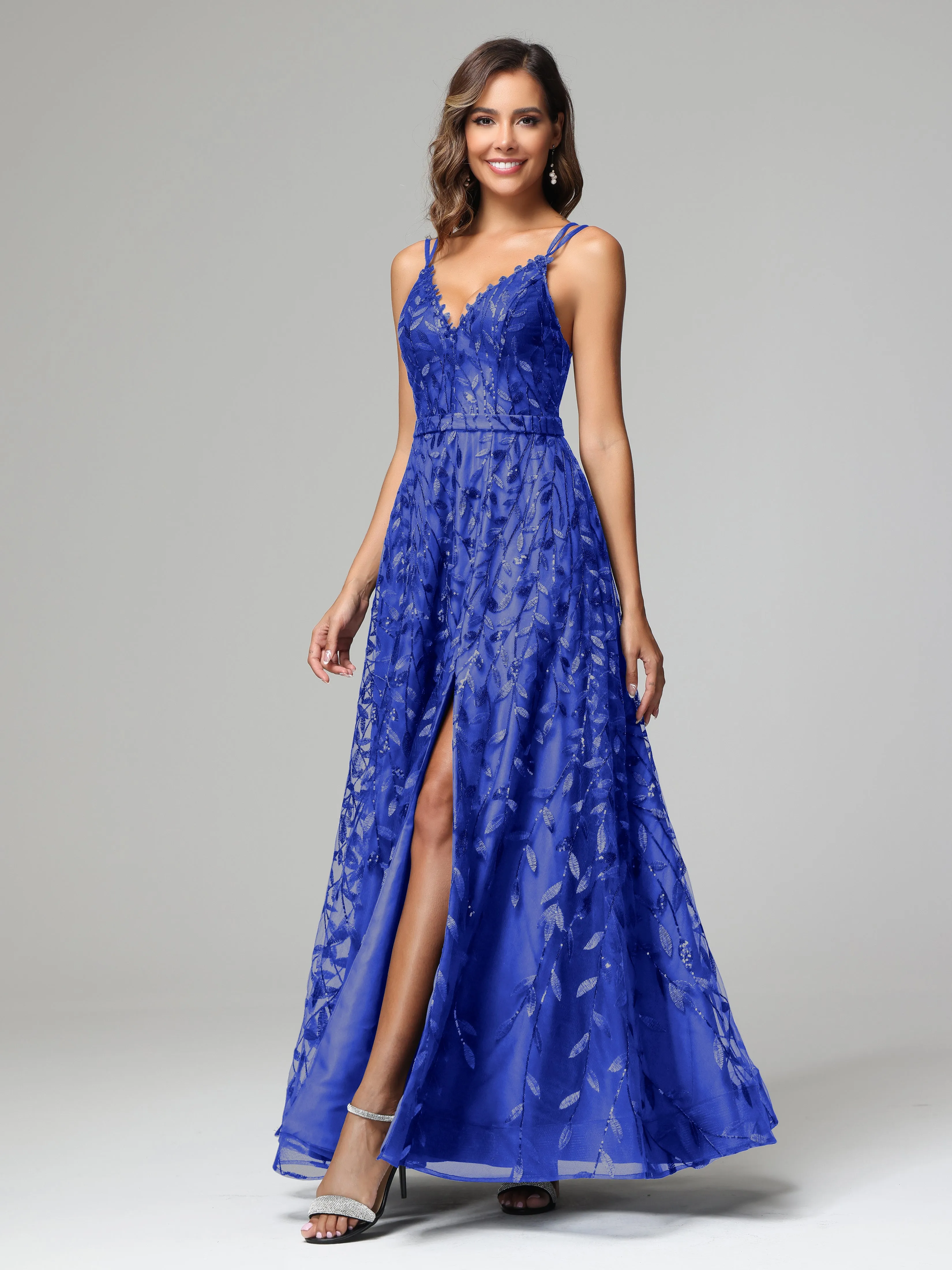 A-line Dark Navy Spaghetti Straps V-neck Lace Prom Dresses