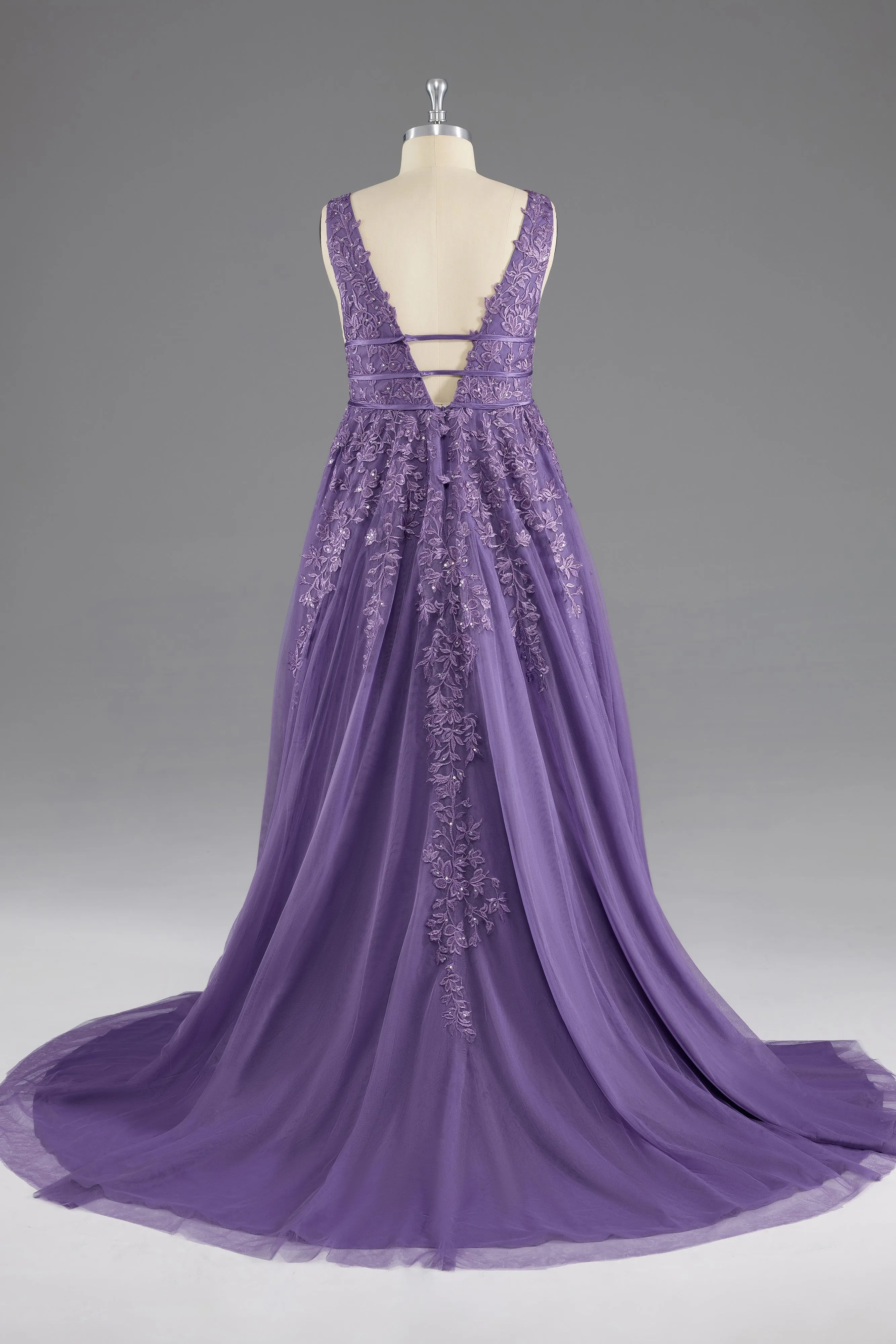 A-line V-Neck Lace Appliques Long Prom Dress