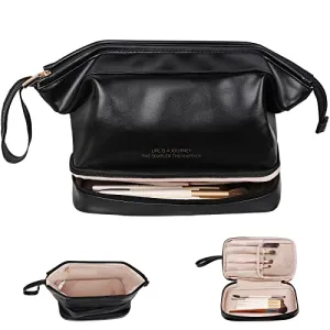 Abiudeng Large Makeup Bag for Women,Travel Makeup Organizer with Brush Holder, Dopp Kit Essentials,Waterproof Lozenge Cosmetic Bag for Traveling,Multi Compartment,Cute,Spacious Capacity-Black