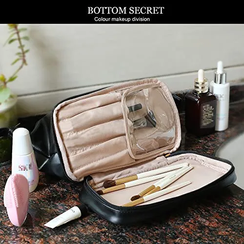 Abiudeng Large Makeup Bag for Women,Travel Makeup Organizer with Brush Holder, Dopp Kit Essentials,Waterproof Lozenge Cosmetic Bag for Traveling,Multi Compartment,Cute,Spacious Capacity-Black