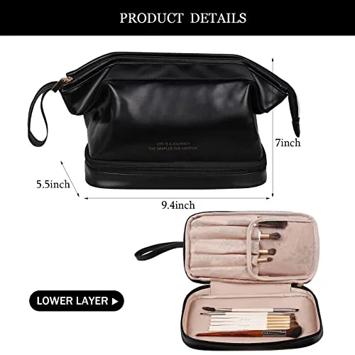 Abiudeng Large Makeup Bag for Women,Travel Makeup Organizer with Brush Holder, Dopp Kit Essentials,Waterproof Lozenge Cosmetic Bag for Traveling,Multi Compartment,Cute,Spacious Capacity-Black
