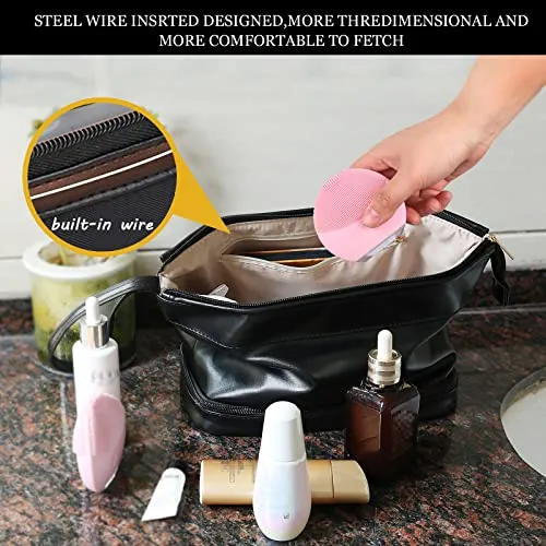 Abiudeng Large Makeup Bag for Women,Travel Makeup Organizer with Brush Holder, Dopp Kit Essentials,Waterproof Lozenge Cosmetic Bag for Traveling,Multi Compartment,Cute,Spacious Capacity-Black