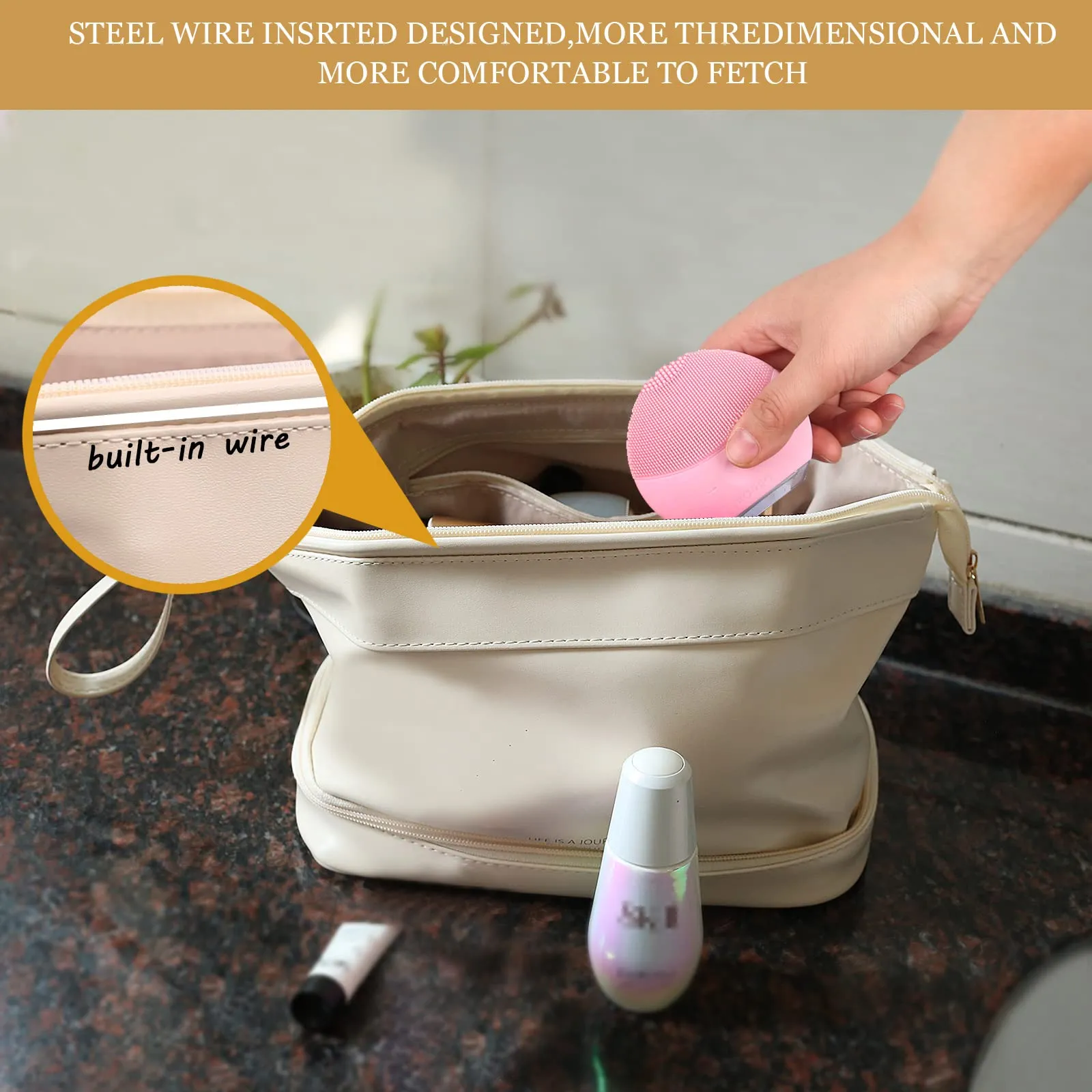 Abiudeng Large Makeup Bag,toiletry bag for women,Waterproof Cosmetic Bag,Make up Travel Bag Essentials,Cute Travel Toiletry Bag with compartments,Makeup Bag Organizer with Bottom Pouch