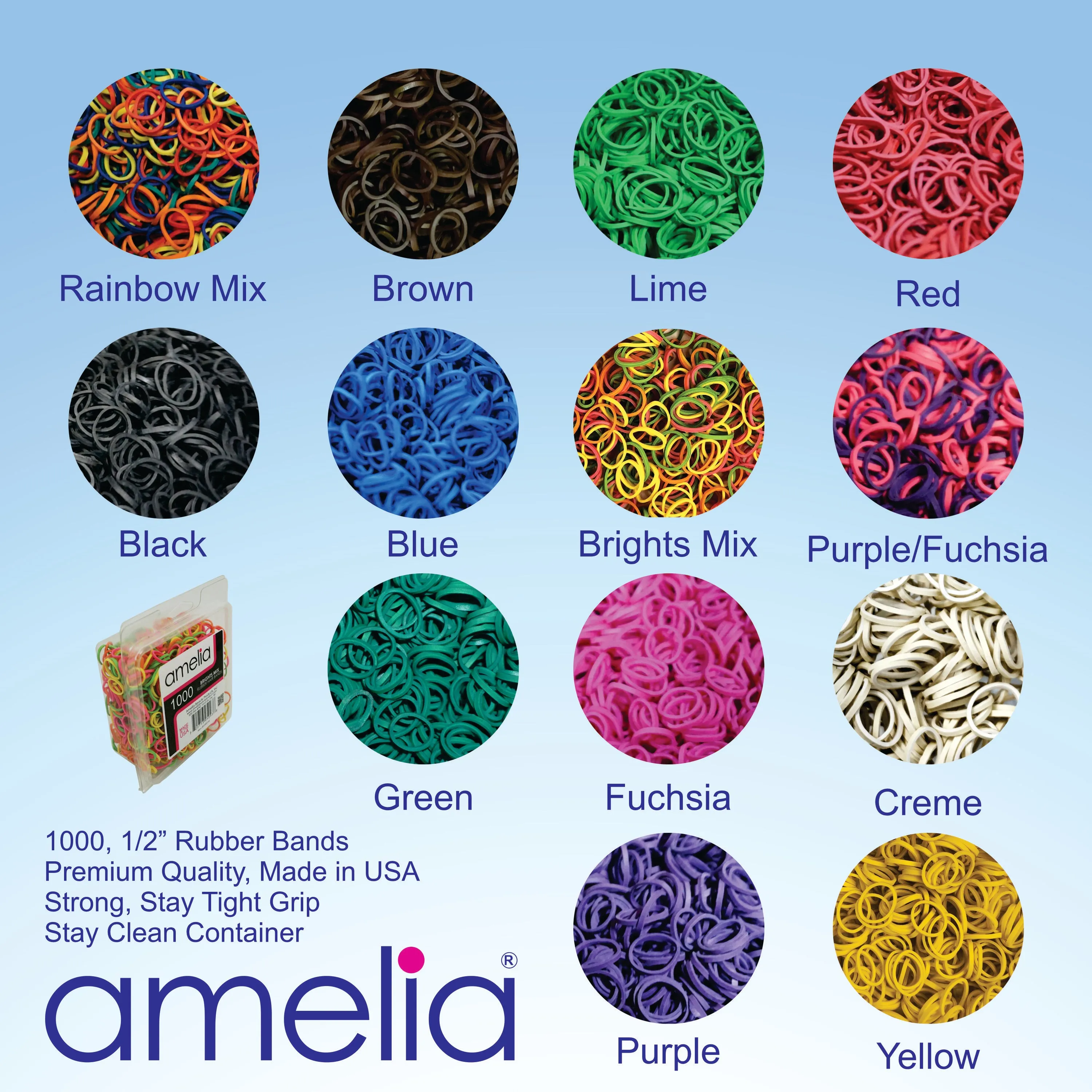 Amelia Beauty | 1/2in, Rainbow Mix, Elastic Rubber Band Pony Tail Holders | Made in USA, Ideal for Ponytails, Braids, Twists, Dreadlocks, Styling Accessories for Women, Men and Girls | 1000 Pack