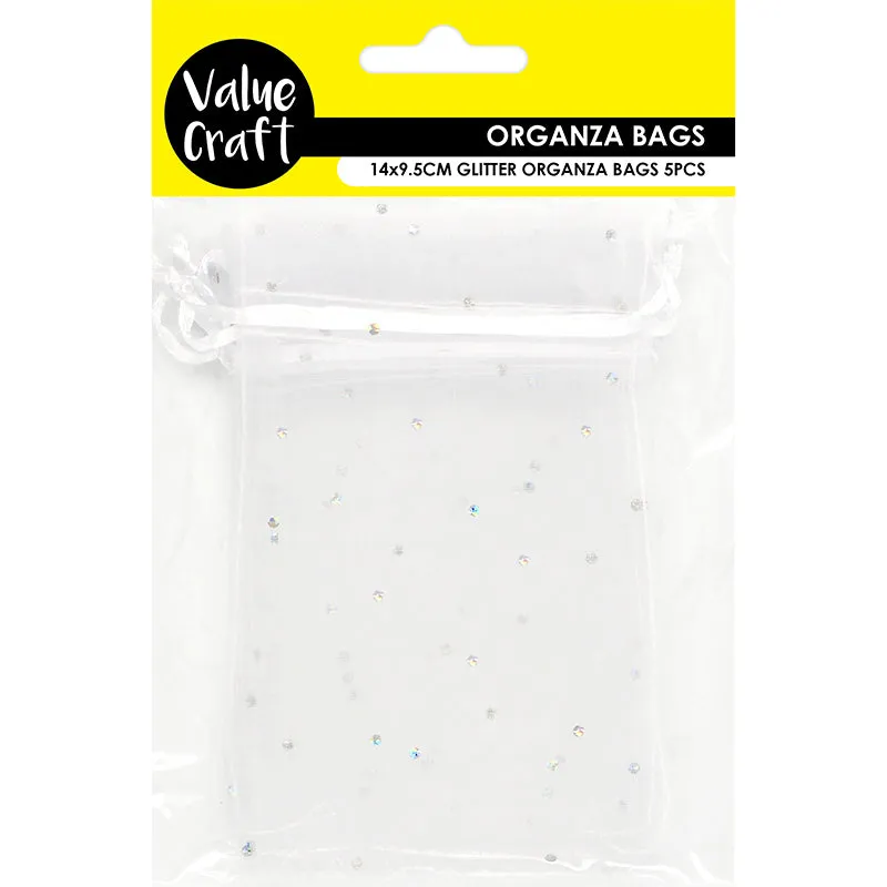 BAG ORGANZA GLITTER WHITE 140MMX95MM 5PC