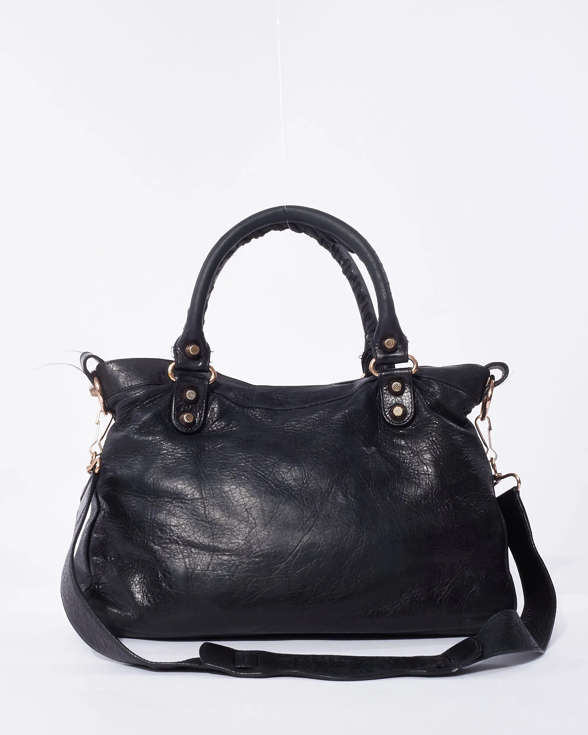Balenciaga Black Leather & Rose Gold Giant Stud Small Town Bag