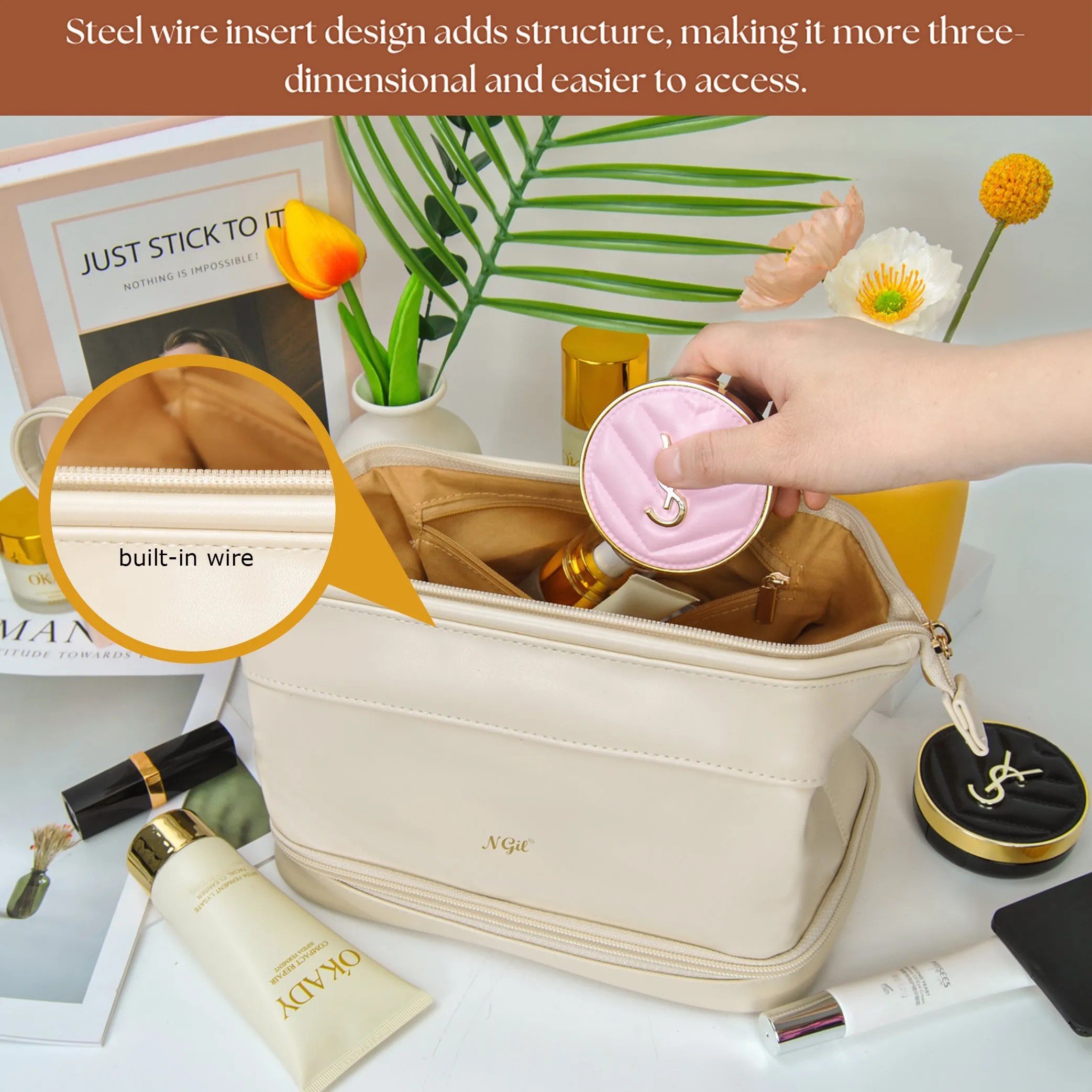 Beige NGIL Faux Leather Cosmetic Bag