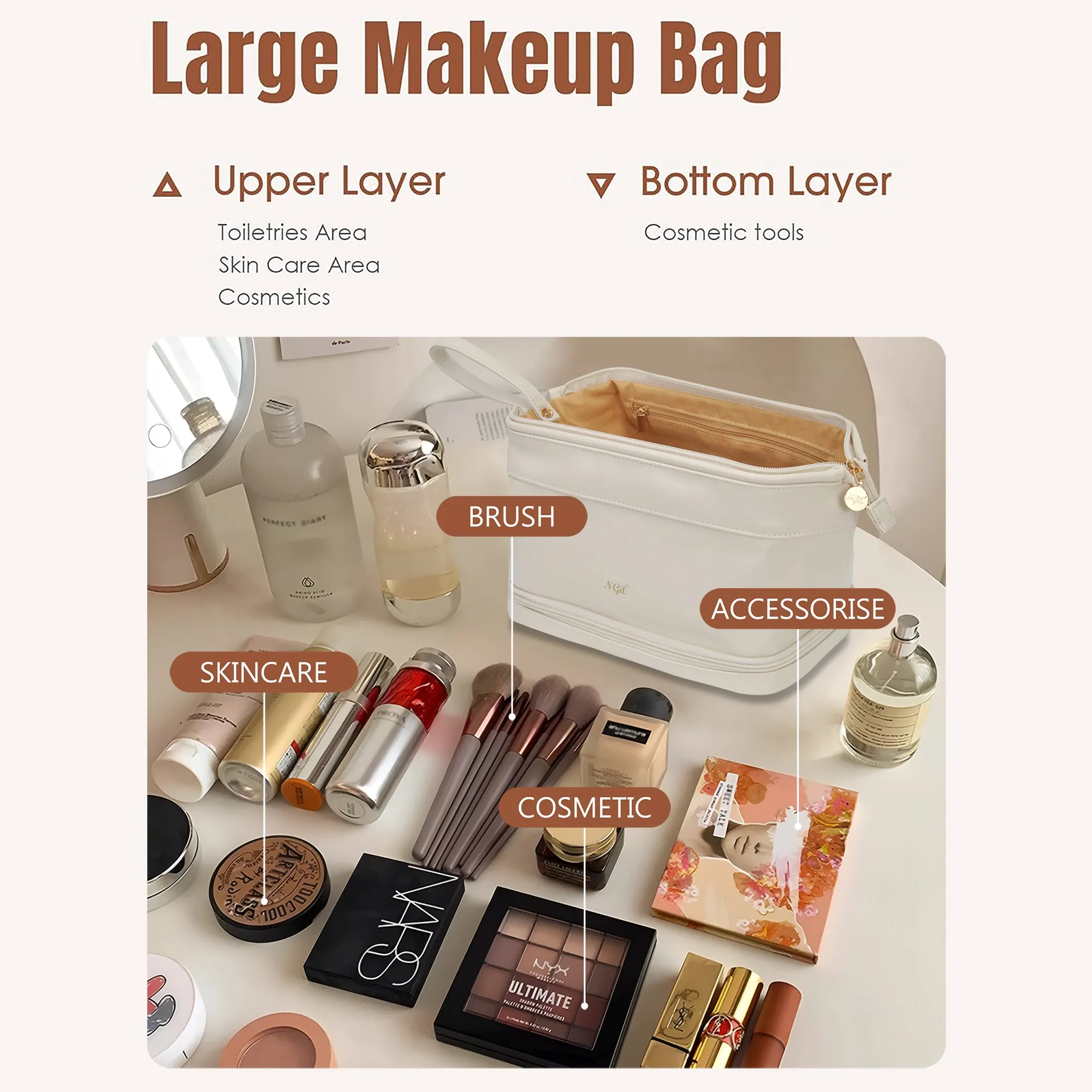 Beige NGIL Faux Leather Cosmetic Bag