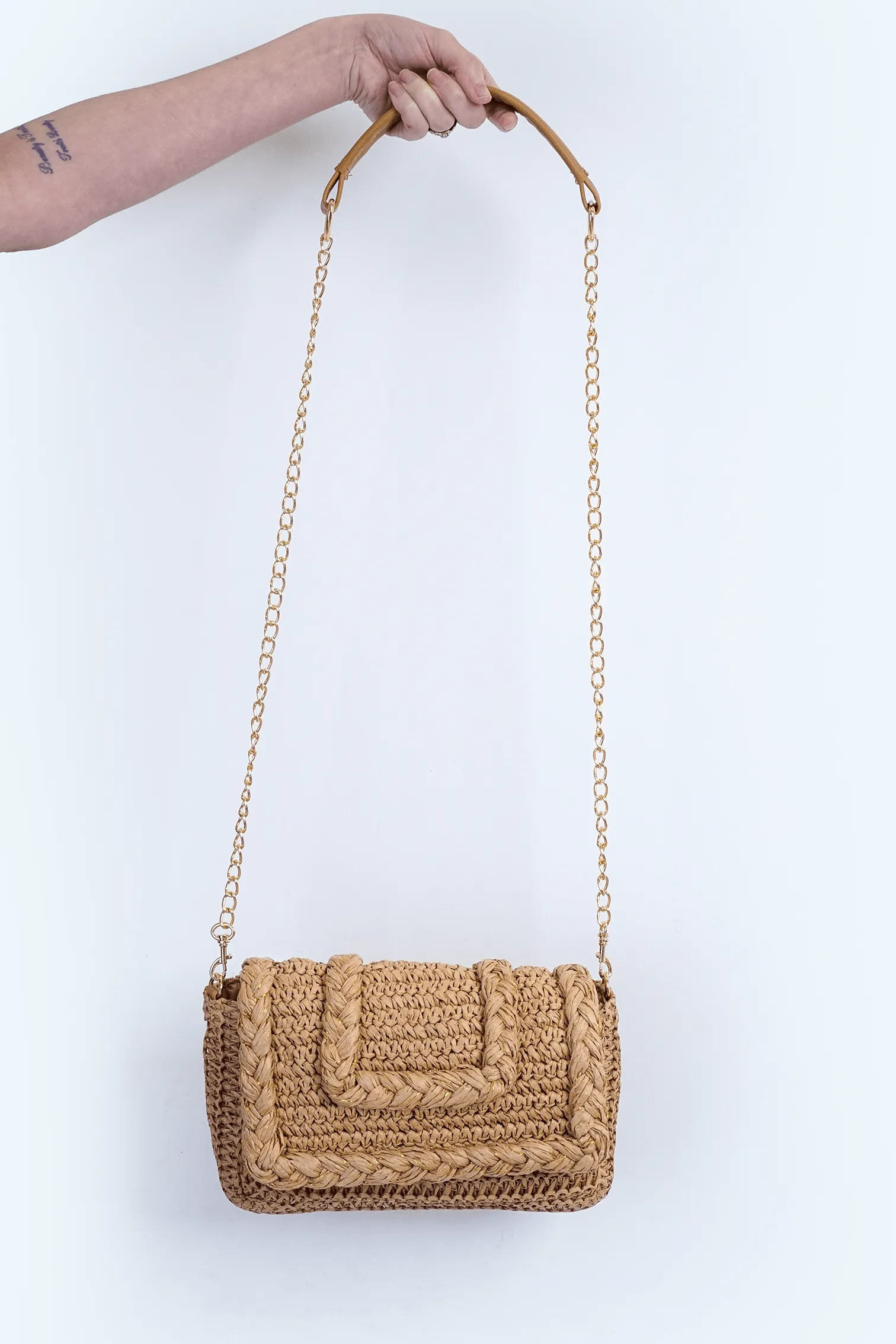 Beige Paper Straw Cross Body Bag