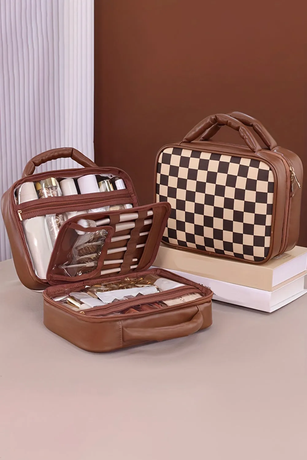 Black Checkered Multiple Compartments PU Leather Cosmetic Bag