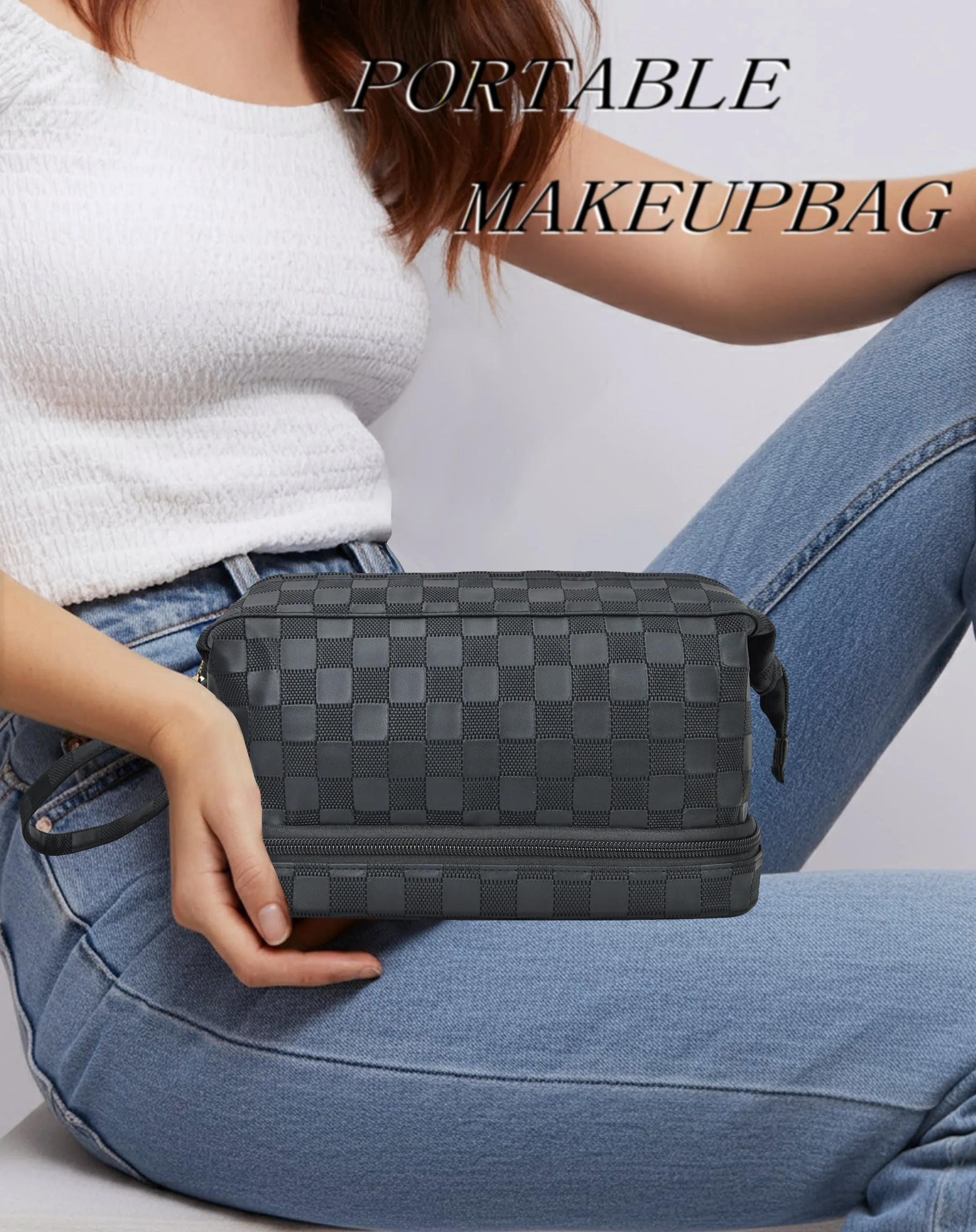 Black Checkered NGIL Faux Leather Cosmetic Bag