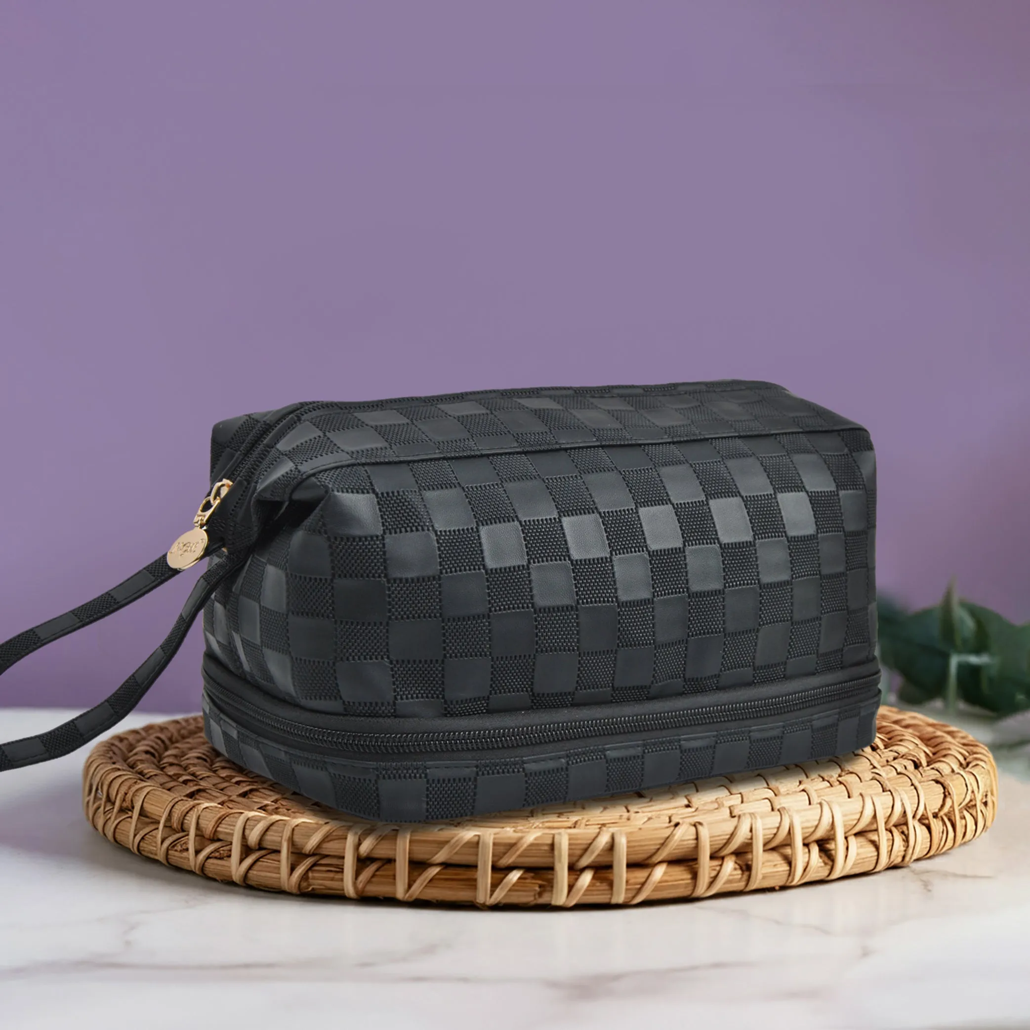 Black Checkered NGIL Faux Leather Cosmetic Bag
