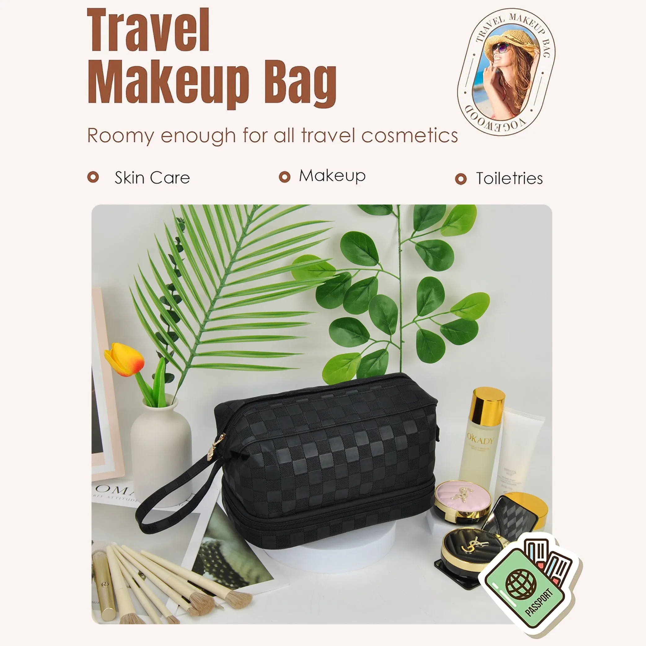 Black Checkered NGIL Faux Leather Cosmetic Bag