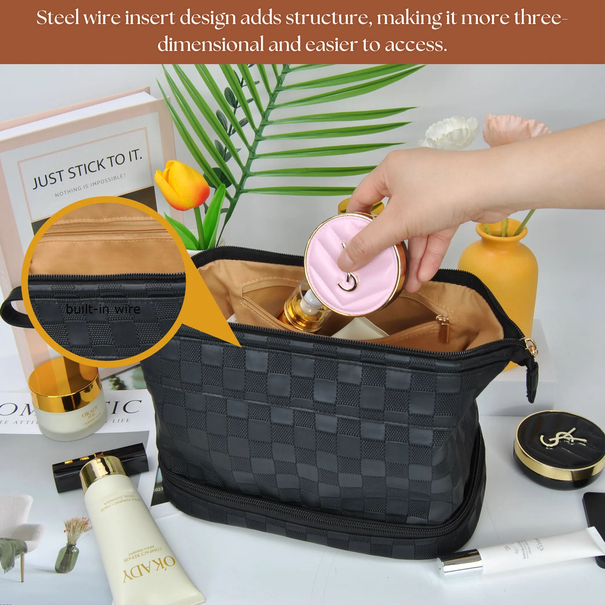Black Checkered NGIL Faux Leather Cosmetic Bag