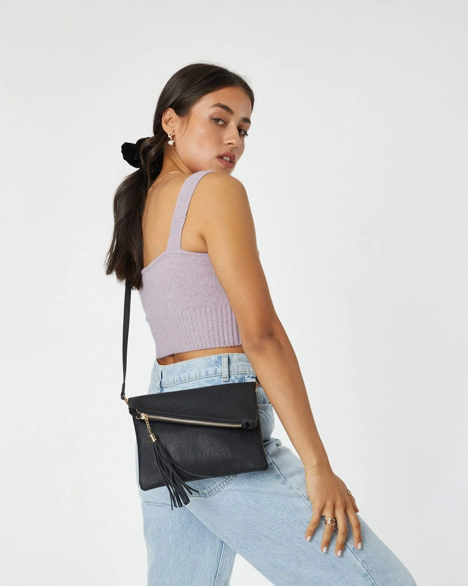 Black Gabi Foldover Clutch Bag