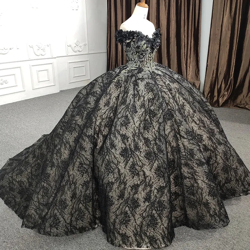Black Sleeveless Quinceanera Dresses Sweetheart Appliques Lace Up Ball Gown