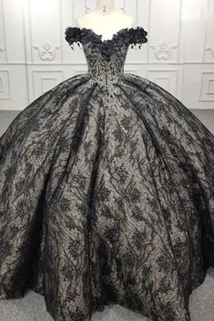 Black Sleeveless Quinceanera Dresses Sweetheart Appliques Lace Up Ball Gown
