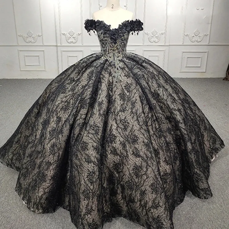 Black Sleeveless Quinceanera Dresses Sweetheart Appliques Lace Up Ball Gown