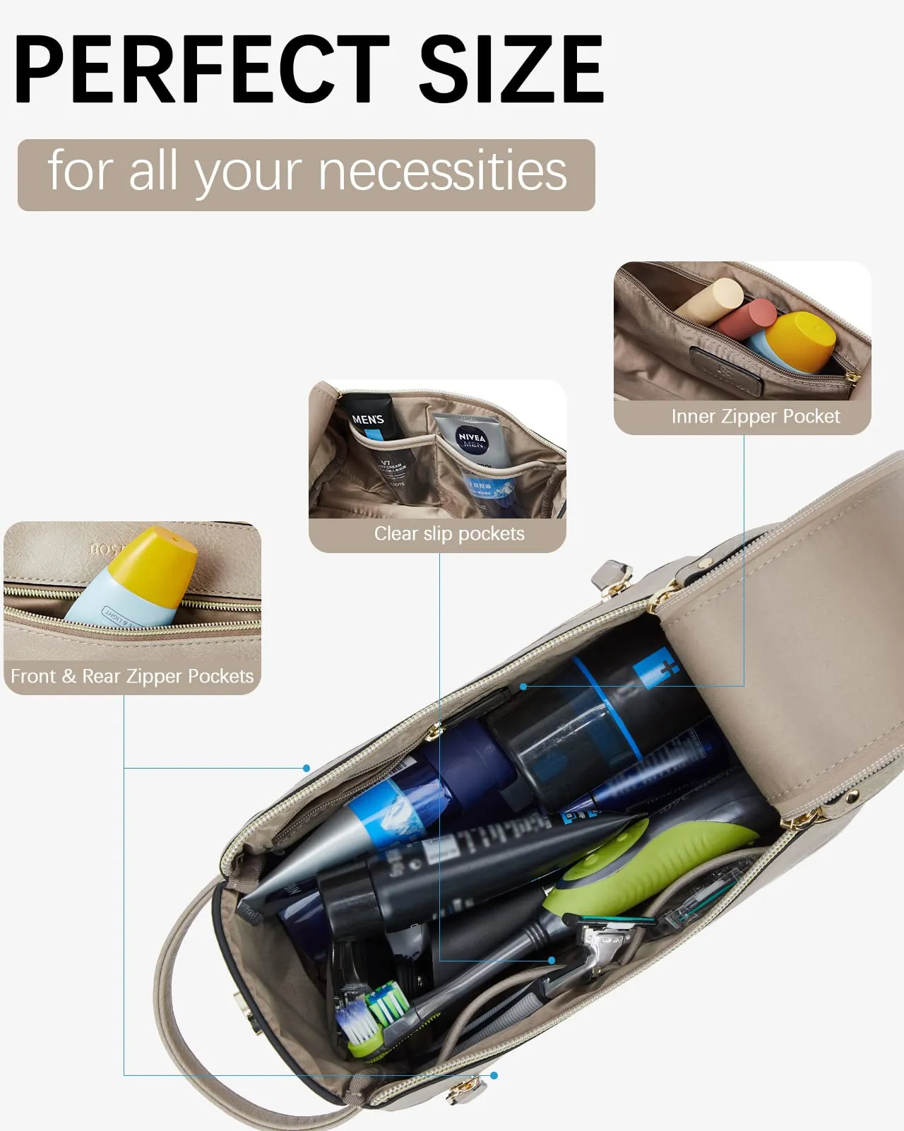 BOSTANTEN Travel Toiletry Bag for Men PU Leather Dopp Kit Water-resistant Bathroom Bag for Toiletries Shaving Cosmetic Bags for Women