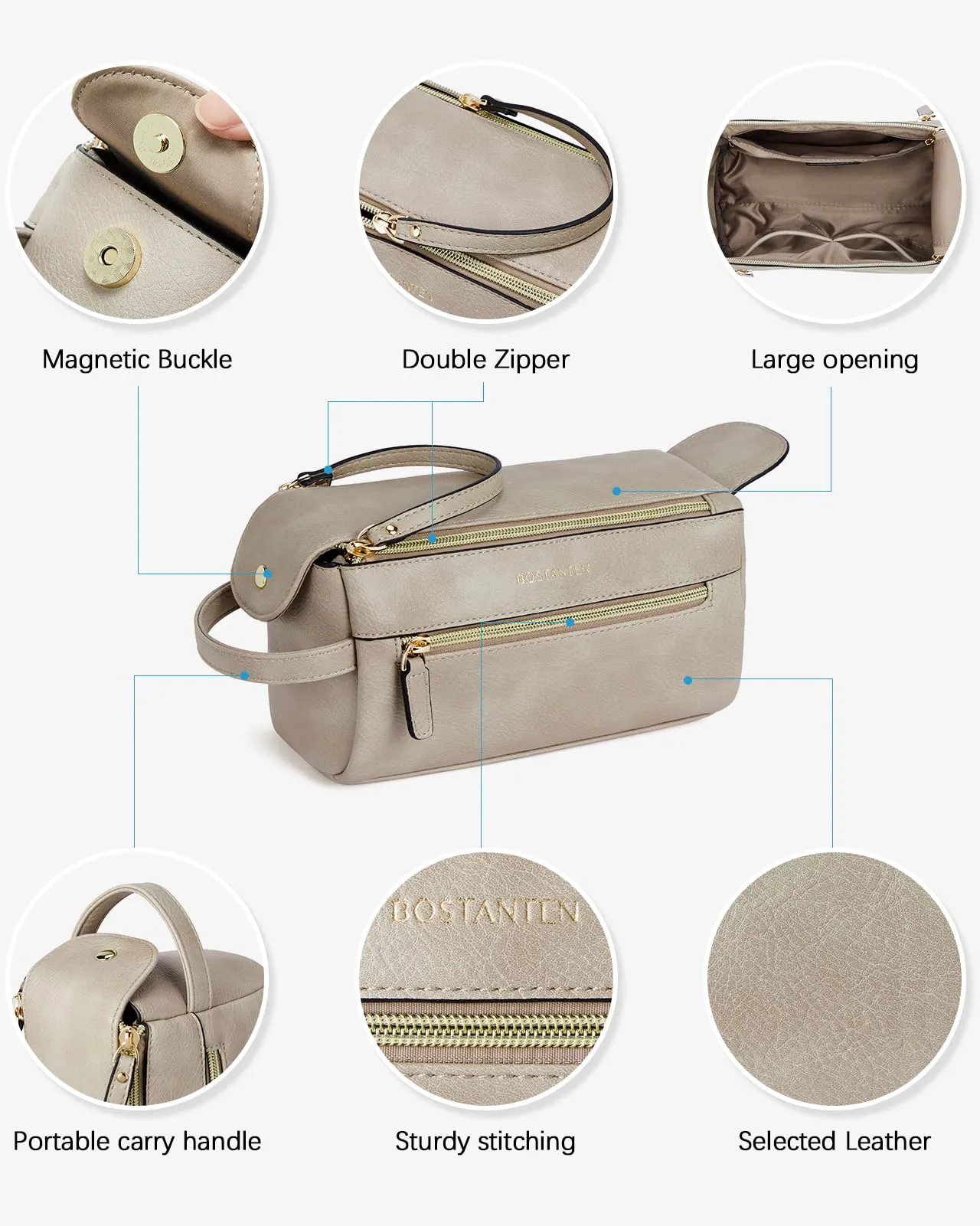 BOSTANTEN Travel Toiletry Bag for Men PU Leather Dopp Kit Water-resistant Bathroom Bag for Toiletries Shaving Cosmetic Bags for Women