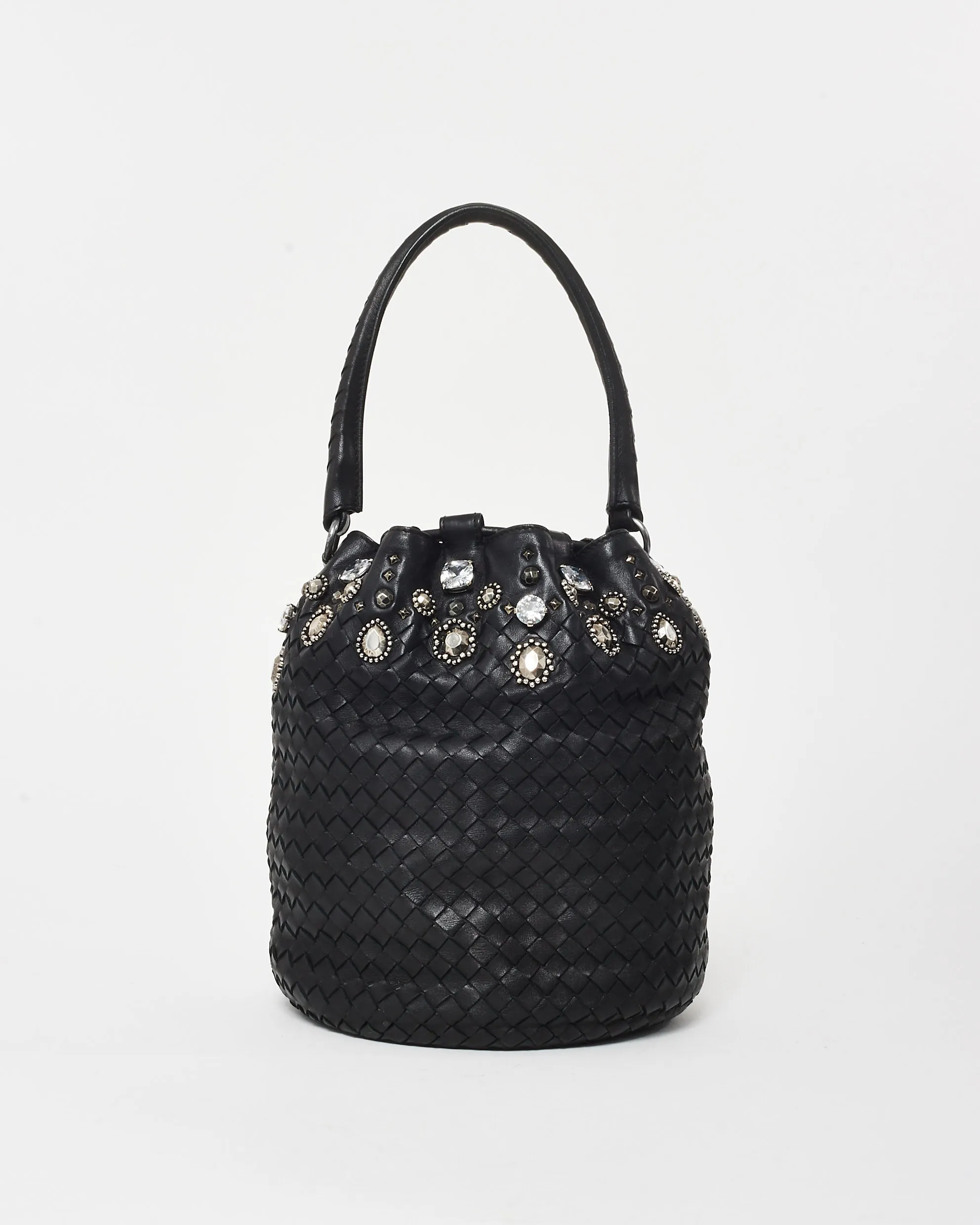 Bottega Veneta Vintage Black Intrecciato Leather Embellished Bucket Bag