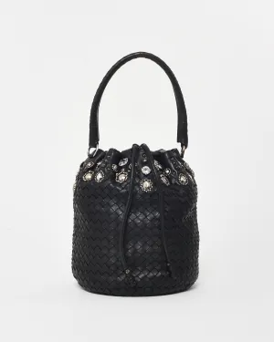 Bottega Veneta Vintage Black Intrecciato Leather Embellished Bucket Bag
