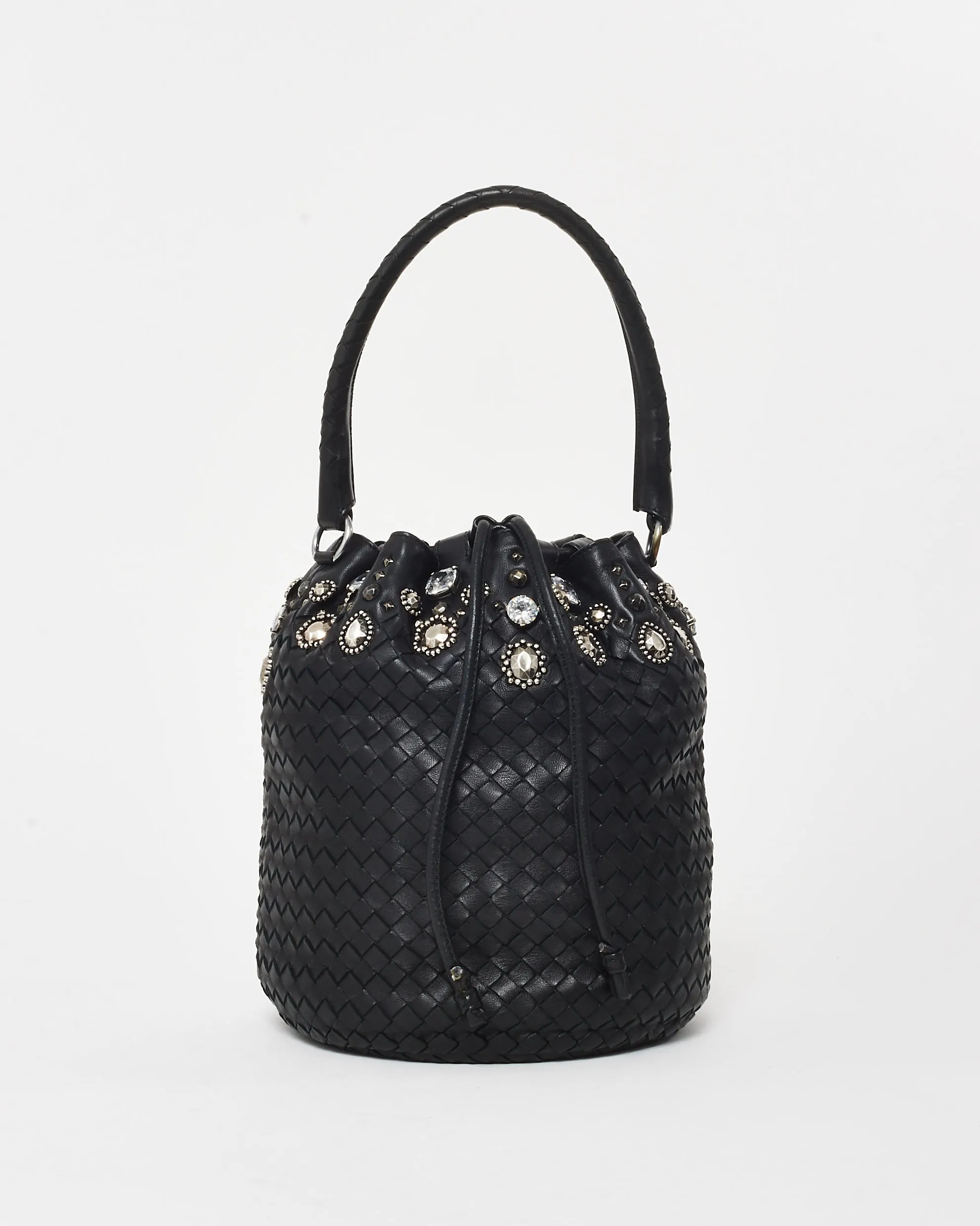 Bottega Veneta Vintage Black Intrecciato Leather Embellished Bucket Bag