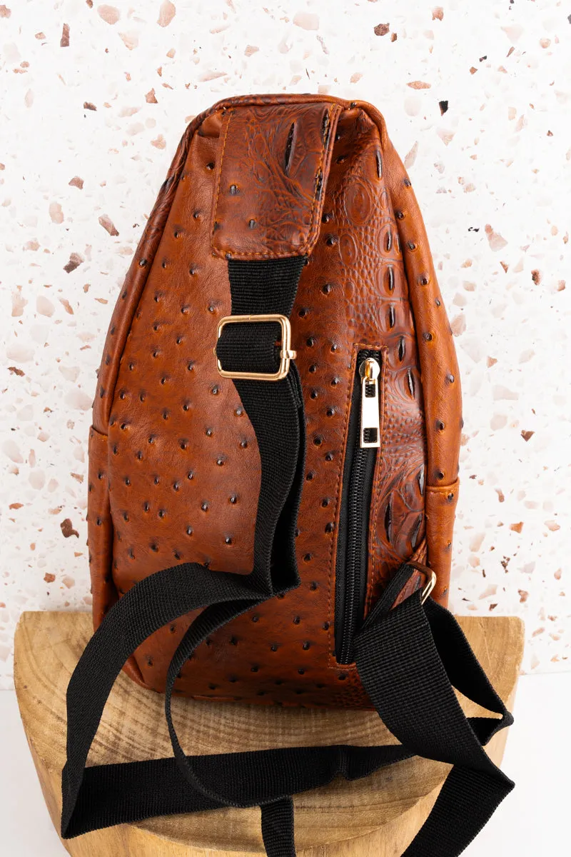Brown Small Faux Ostrich Rylee Sling Bag