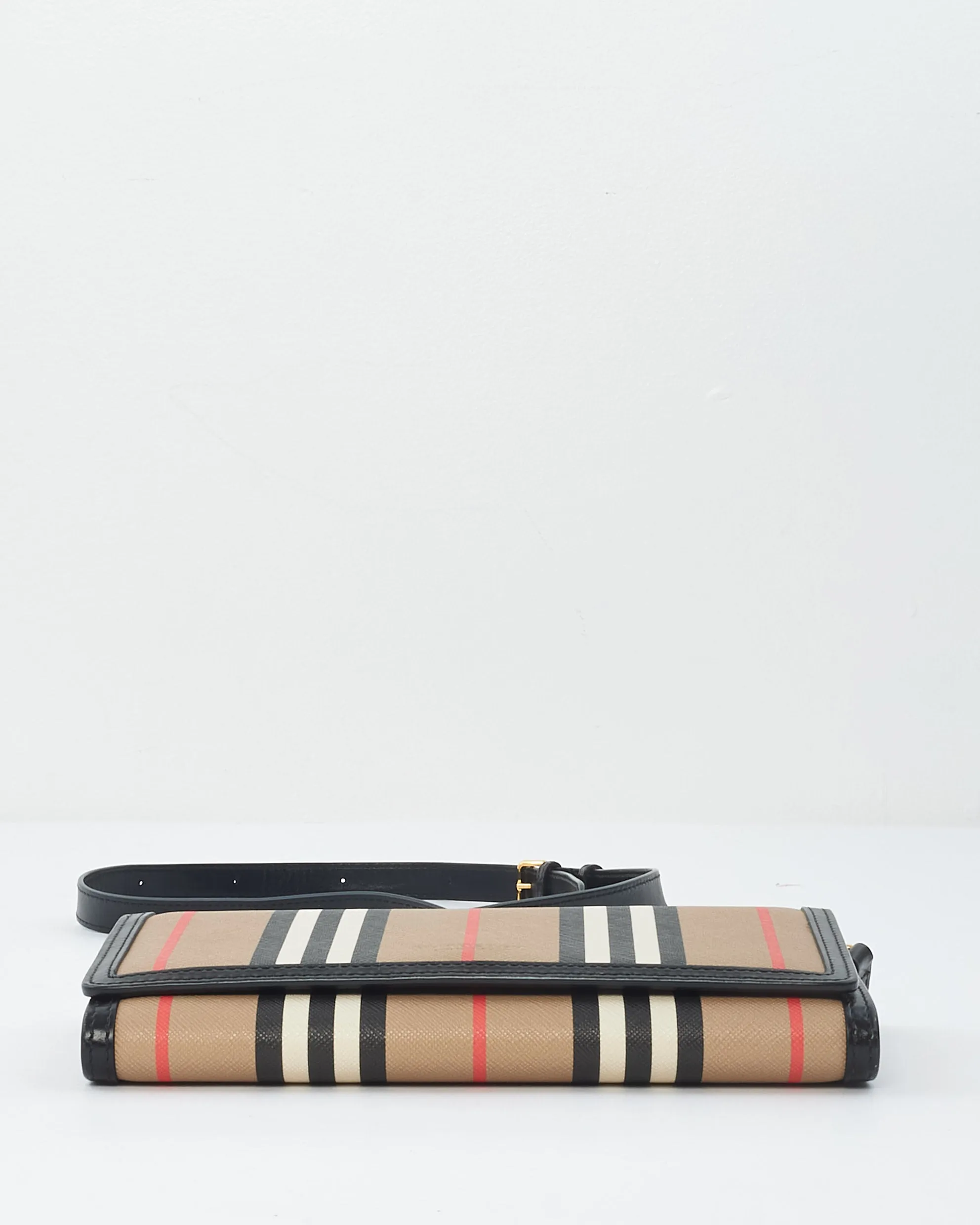 Burberry Brown Icon Stripe Coated Canvas Wallet On Strap Crossbody