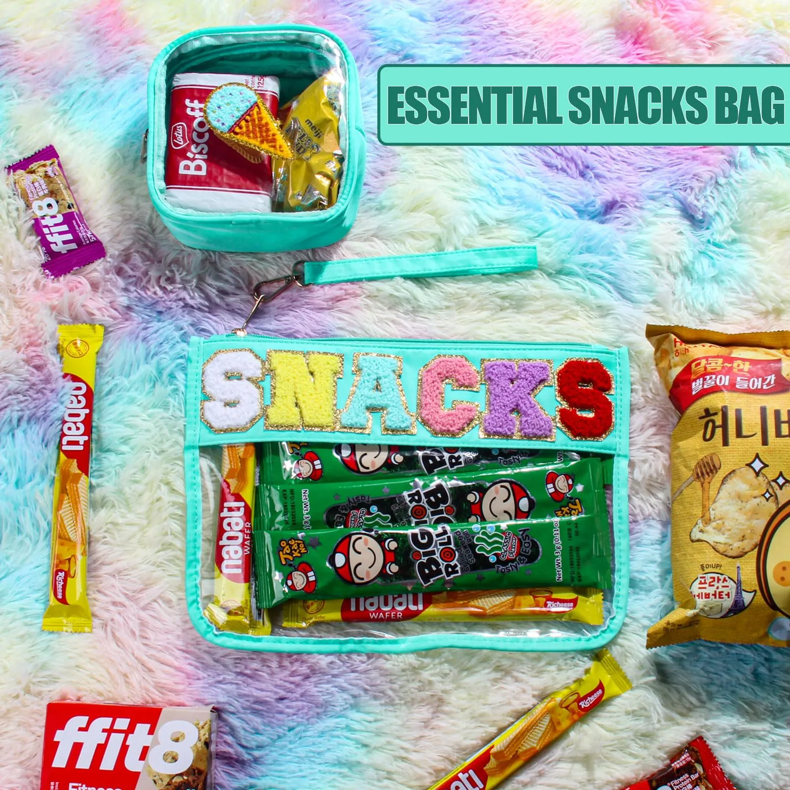 BuyCard 2 Pcs Snacks Bag Gifts Cosmetic Makeup Bag with Chenille Letter Patch, Clear Pouch PVC Organizer Purse, Waterproof Travel Bag, Portable Toiletry Storage Bag for Her Girls Friends Women