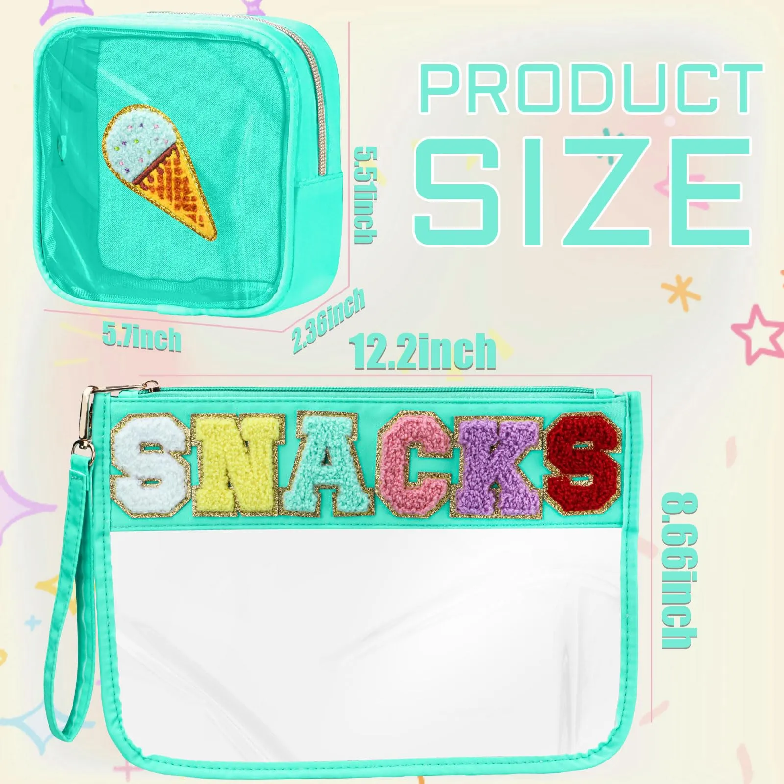 BuyCard 2 Pcs Snacks Bag Gifts Cosmetic Makeup Bag with Chenille Letter Patch, Clear Pouch PVC Organizer Purse, Waterproof Travel Bag, Portable Toiletry Storage Bag for Her Girls Friends Women