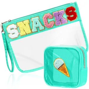 BuyCard 2 Pcs Snacks Bag Gifts Cosmetic Makeup Bag with Chenille Letter Patch, Clear Pouch PVC Organizer Purse, Waterproof Travel Bag, Portable Toiletry Storage Bag for Her Girls Friends Women