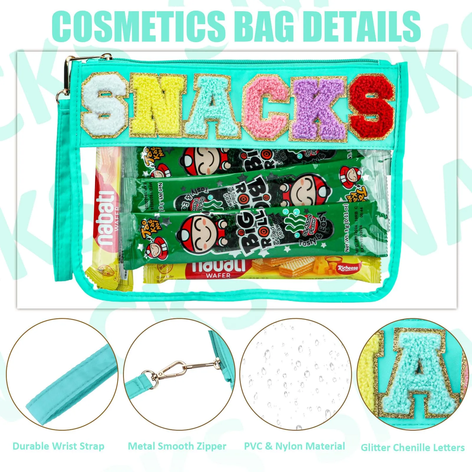BuyCard 2 Pcs Snacks Bag Gifts Cosmetic Makeup Bag with Chenille Letter Patch, Clear Pouch PVC Organizer Purse, Waterproof Travel Bag, Portable Toiletry Storage Bag for Her Girls Friends Women