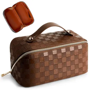 Cessfle Large Capacity Travel Cosmetic Bag Plaid Checkered Makeup Bag Portable Leather Waterproof Skincare Bag with Handle and Divider for Women, 01-Brown