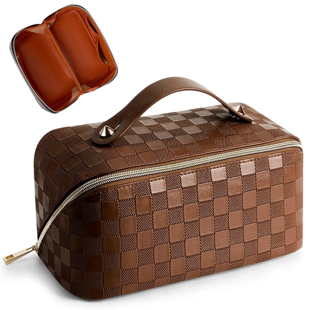 Cessfle Large Capacity Travel Cosmetic Bag Plaid Checkered Makeup Bag Portable Leather Waterproof Skincare Bag with Handle and Divider for Women, 01-Brown