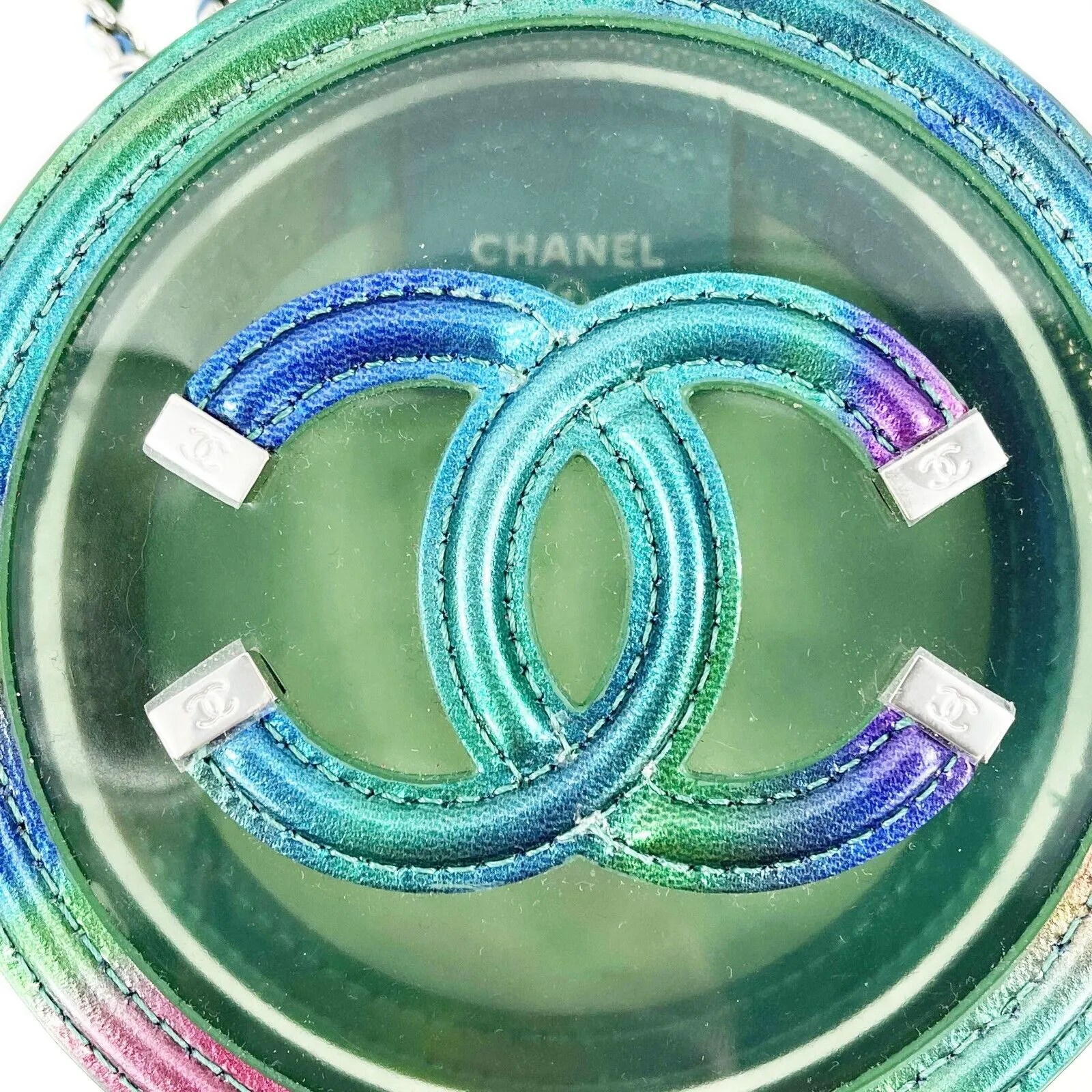 CHANEL - New w/ Tags - CC Rainbow PVC Round Mini Clutch with Chain Crossbody
