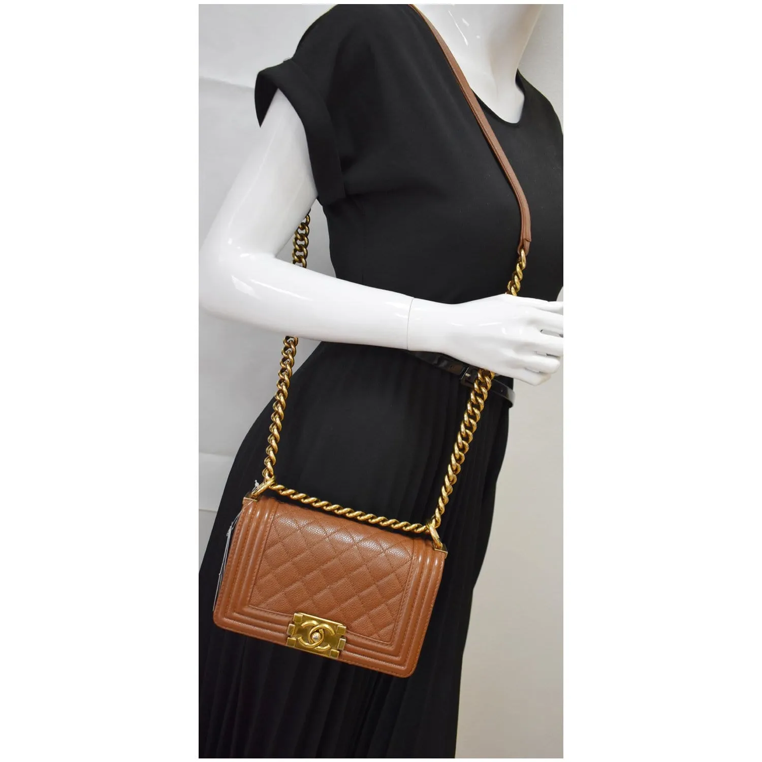 CHANEL Small Boy CC Chain Leather Shoulder Bag Brown