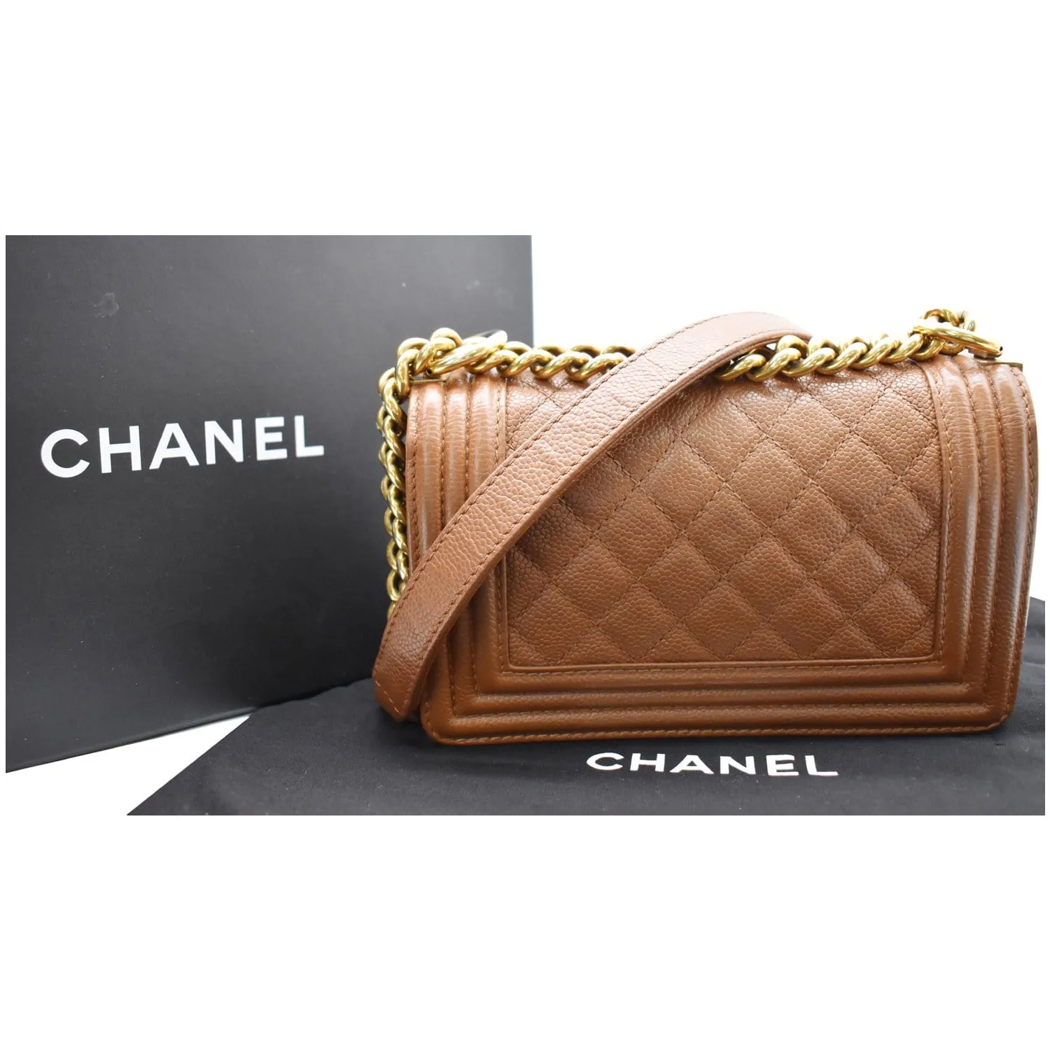 CHANEL Small Boy CC Chain Leather Shoulder Bag Brown