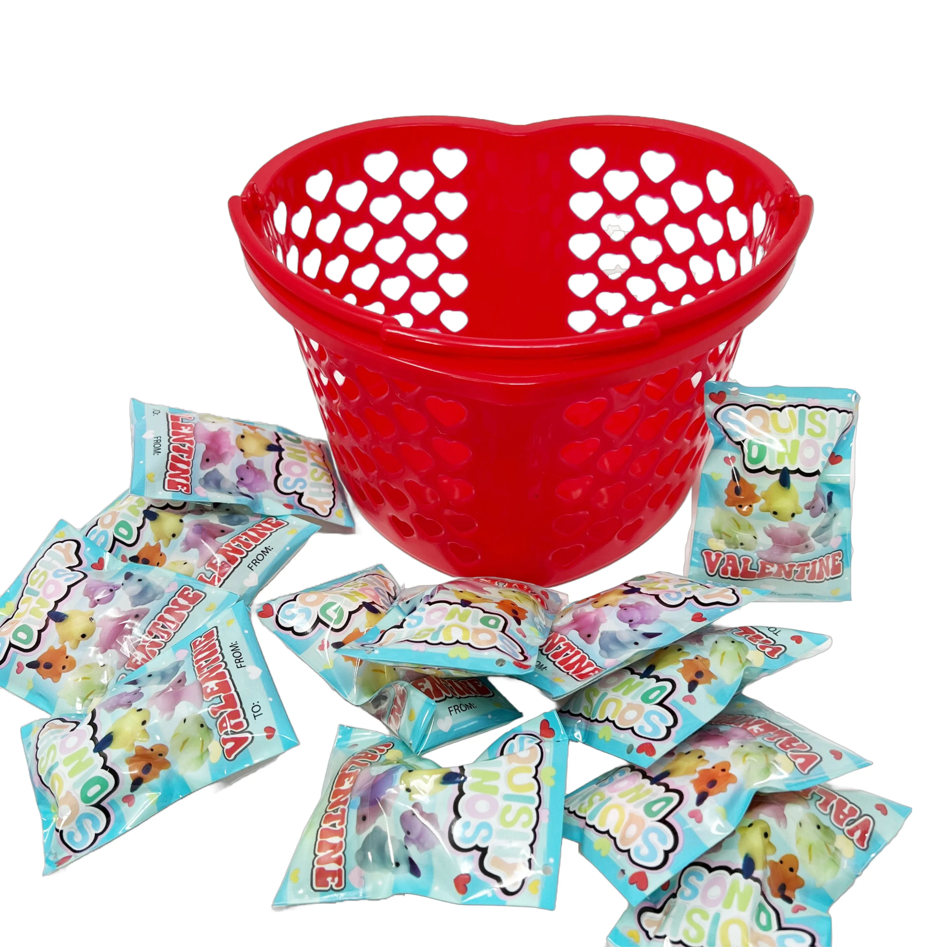 Cheep N Cheerful Valentine Dino Squishes 12ct with Heart Basket, Deluxe Valentine Party Favors, Kids Valentines